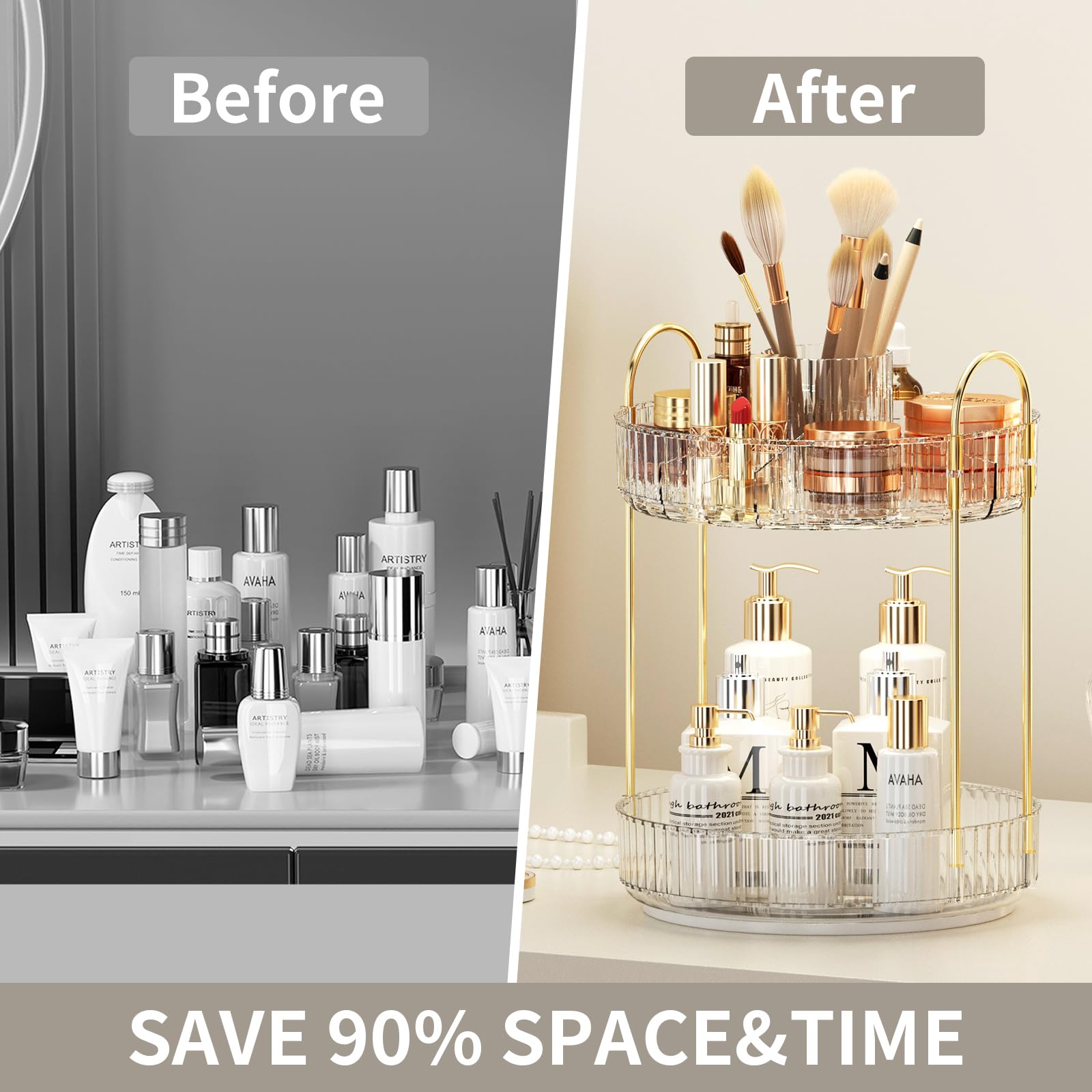 360° Rotating Makeup Organizer with Brush Holder - Large Capacity 2-Tier Cosmetic & Skincare Storage for Perfume, Makeup & Beauty Products - Perfect for Bedroom Vanity, Bathroom Counter & Dresser Organization (White) - Ideal for Daily Beauty Routine & Travel Storage