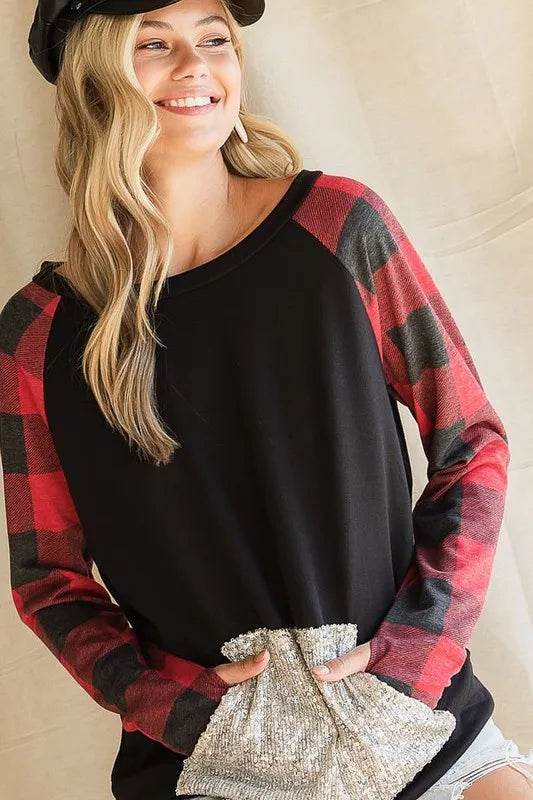 French Terry Top with Sequins & Kangaroo Pocket - Black/Red Checkered Women's Casual Shirt for Everyday Wear & Layering