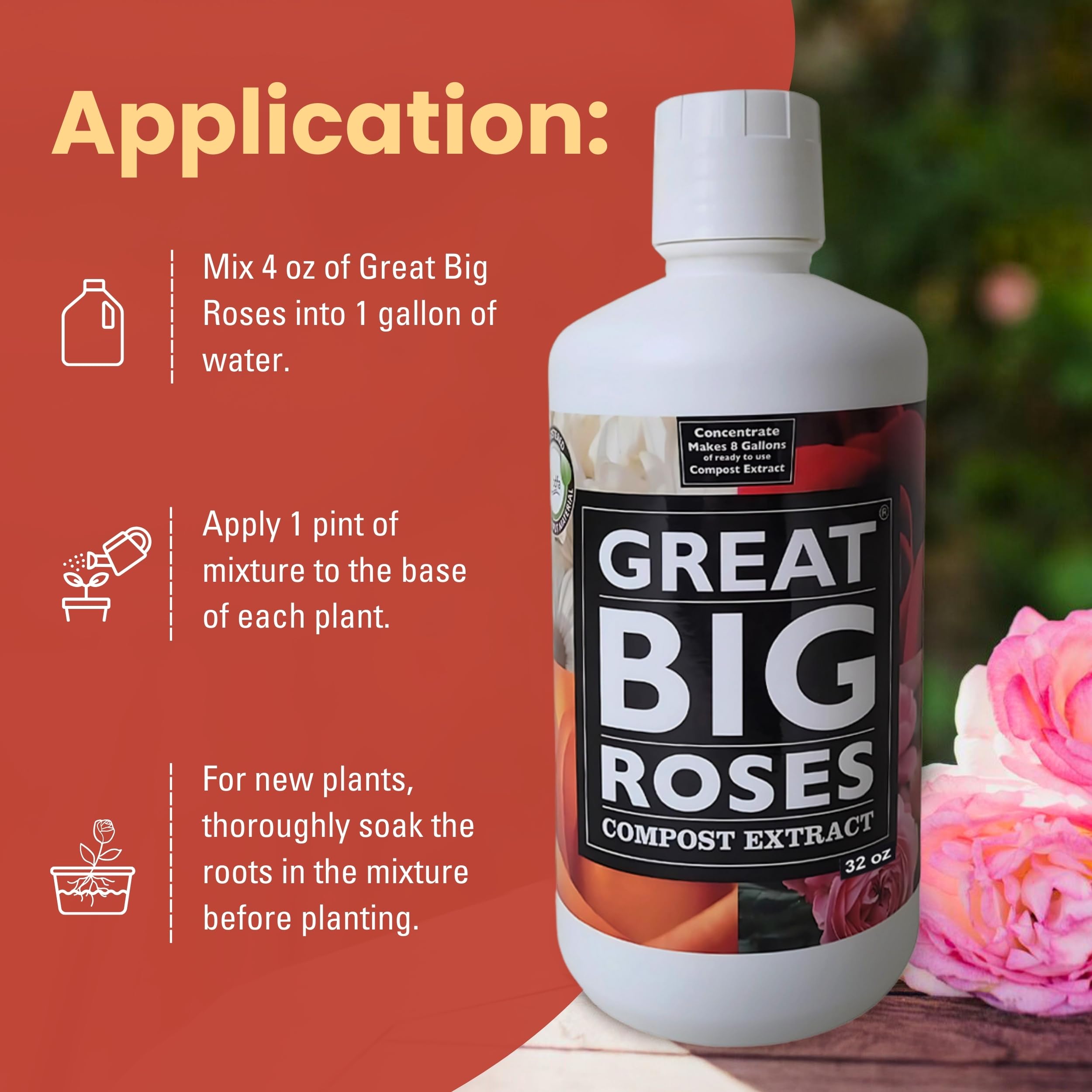 Premium Rose Fertilizer & Soil Booster - Organic Compost Extract for Lush Roses & Flowers, 32oz Concentrate (Makes 8 Gallons) - Ideal for Rose Bushes, Garden Beds & Container Gardening