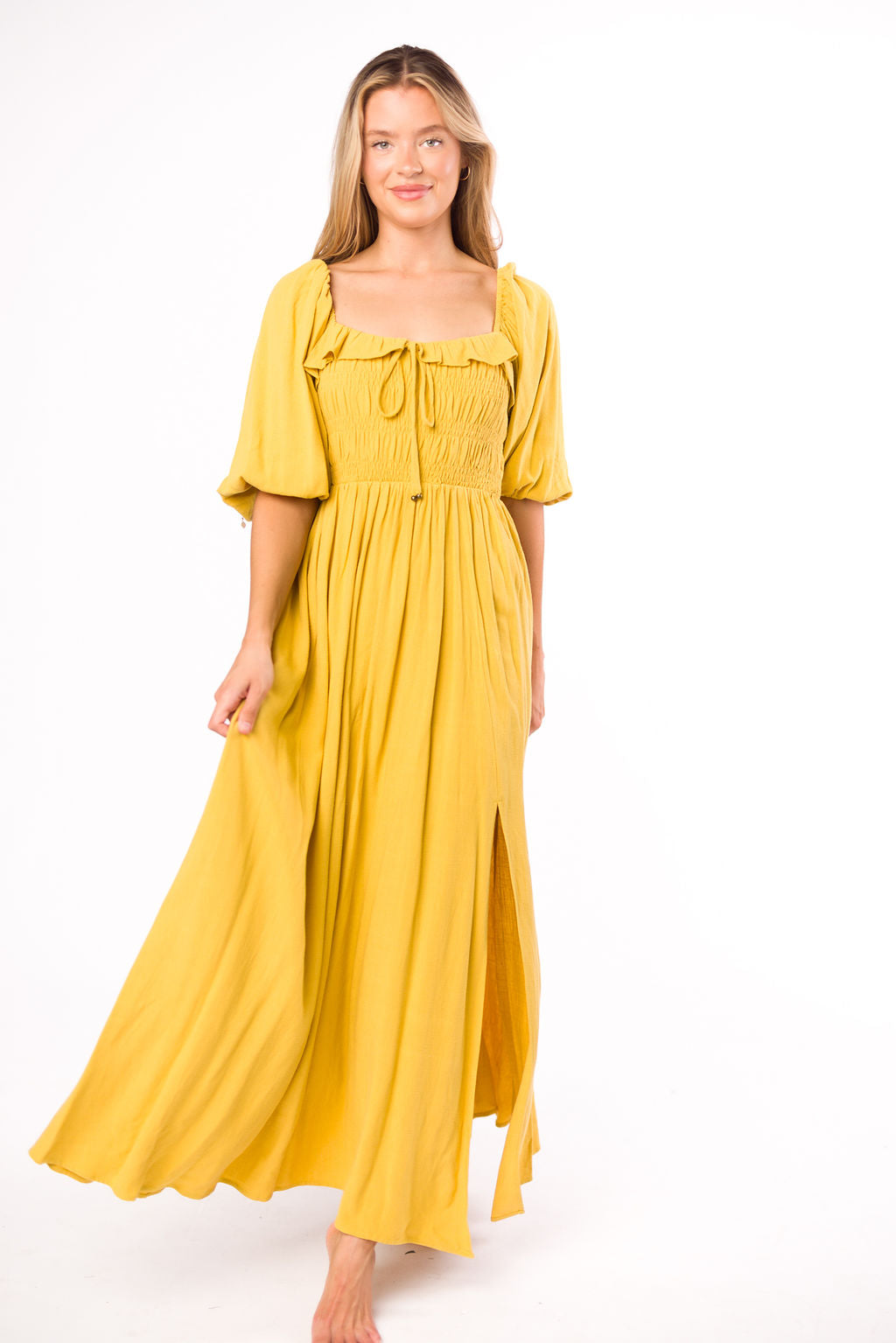 Devon Smocked Maternity Maxi Dress in Mustard Yellow - Bump Friendly Flowy Summer Dress for Pregnancy, Beach & Special Occasions