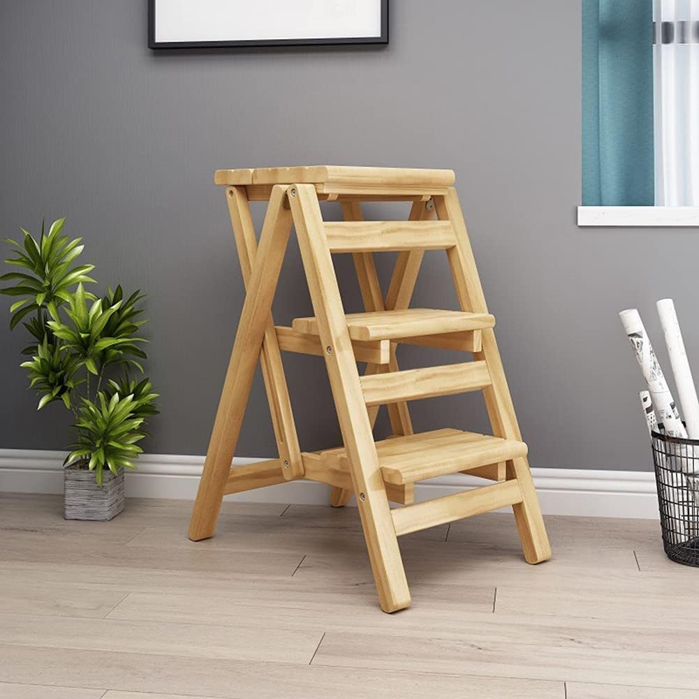 Solid Wood Folding Step Stool Ladder - Multi-Functional Foldable Stepladder for Home, Kitchen, Bathroom & Storage - Sturdy & Compact Brown Wooden Stool (Household, DIY, Decor)