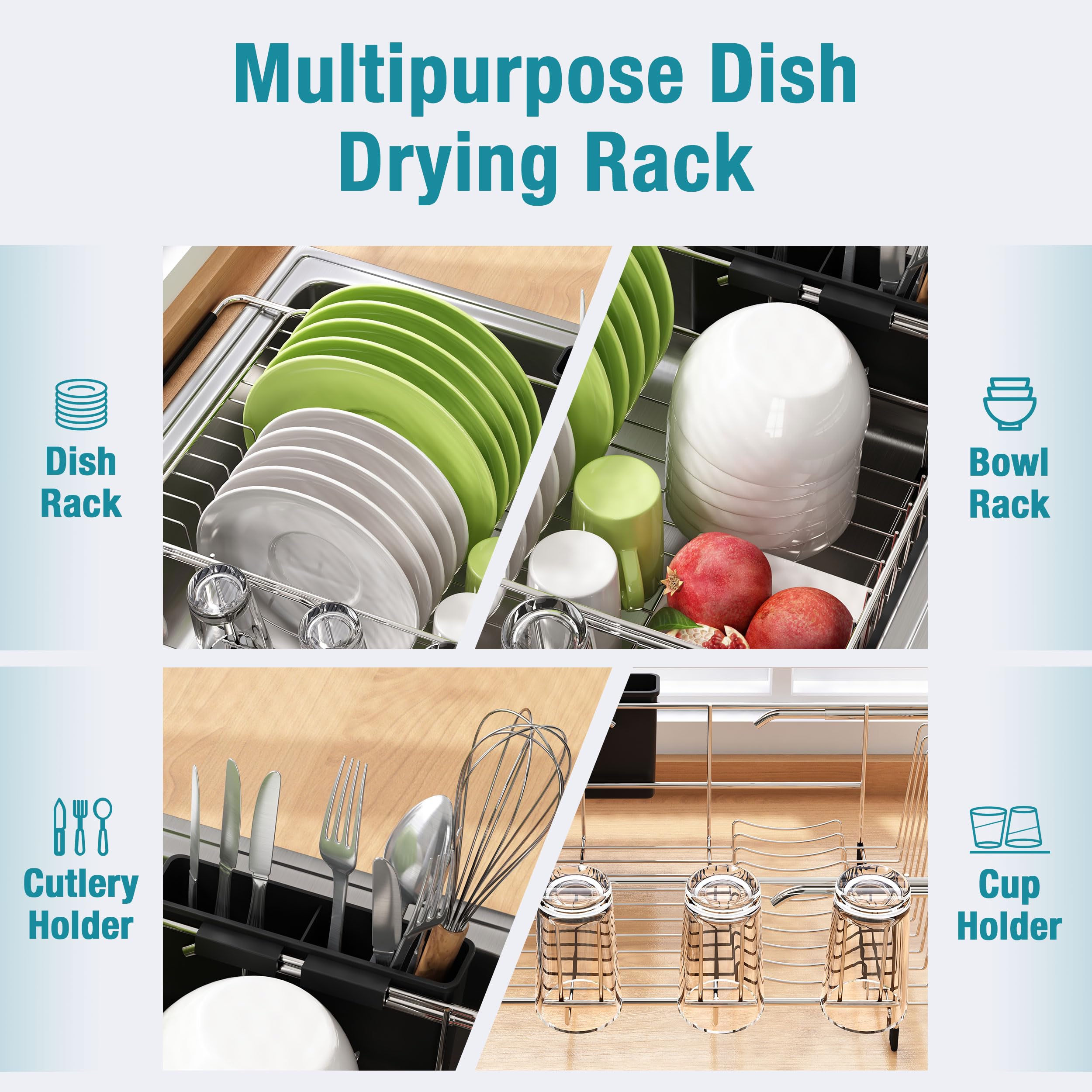 Expandable Stainless Steel Sink Dish Drying Rack with Utensil Holder - Space Saving Kitchen Counter Drainer for Plates, Cups & Silverware - Perfect for Small Kitchens & Apartment Living