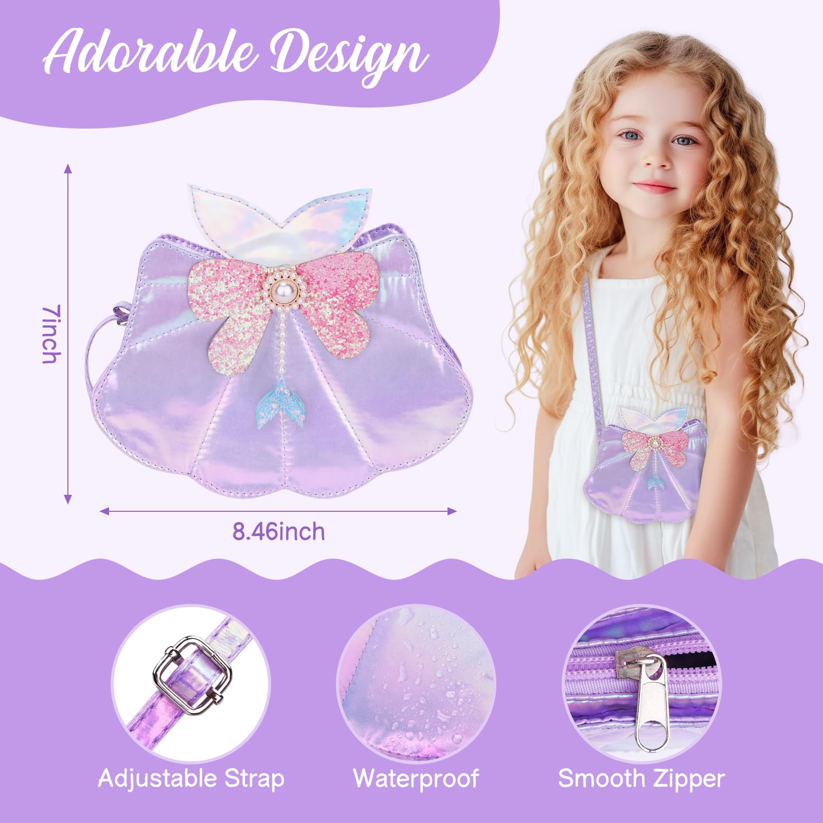 Belle&Birdie Little Girl Purse Set with Seashell Toys & 6-Piece Dress Up Jewelry - Pretend Play Accessories for Toddlers & Kids - Perfect for Birthday Gifts, Tea Parties & Dress-Up Play