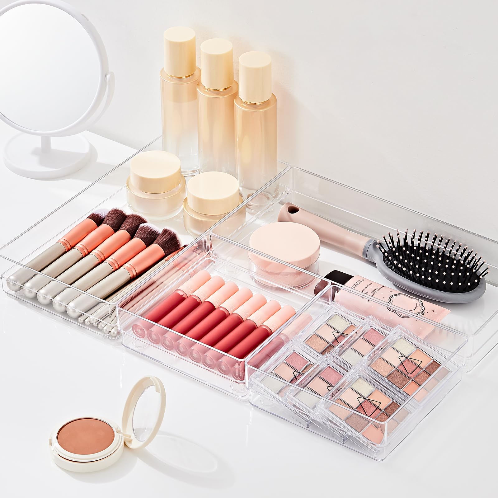 SMARTAKE 6-Piece Clear Plastic Drawer Organizer Set - Large Non-Slip Desk & Vanity Storage Trays for Makeup, Office Supplies, Kitchen Utensils (2 Sizes) | Perfect for Bathroom, Bedroom & Home Organization