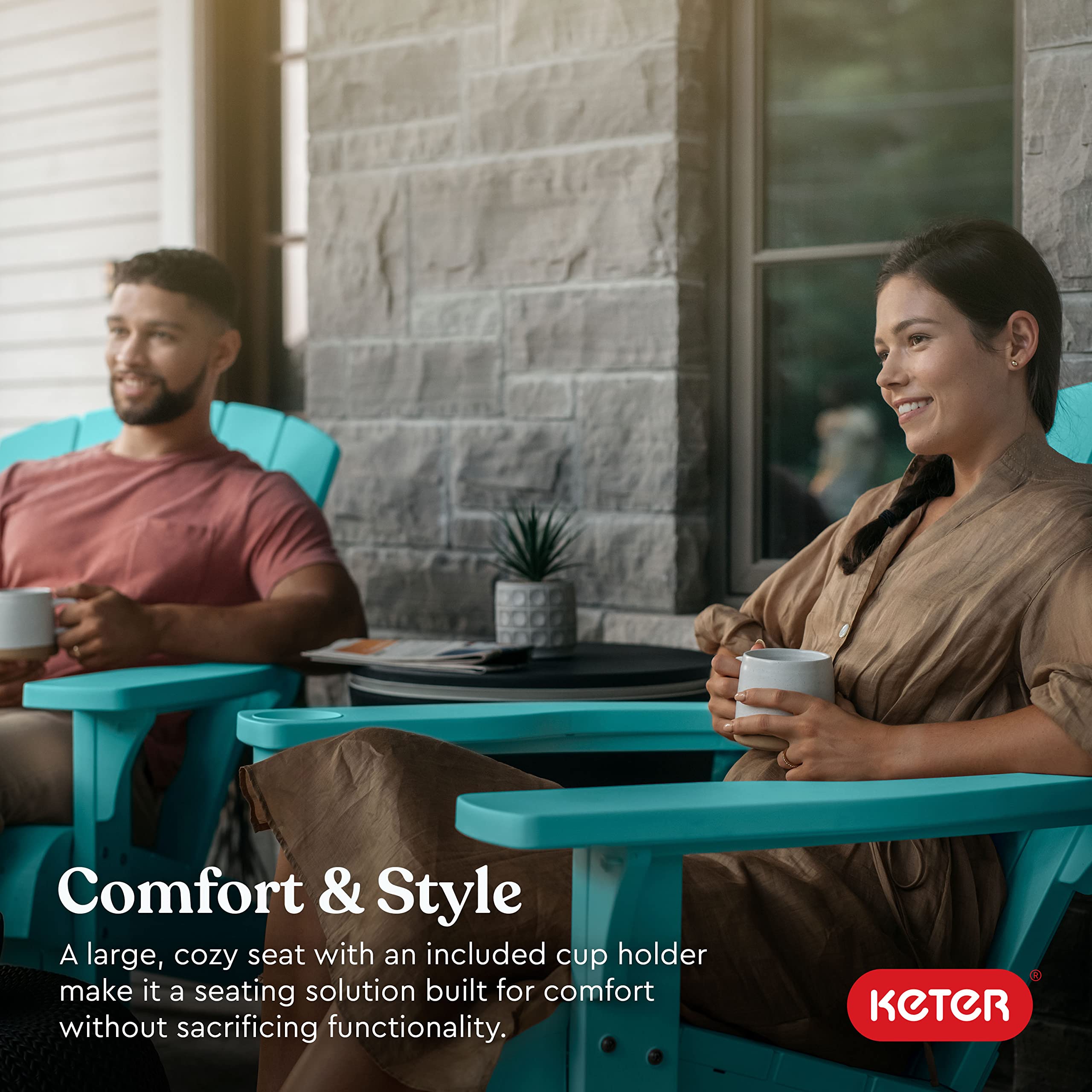 Keter Alpine Adirondack 2-Pack Resin Outdoor Patio Chairs with Cup Holder - Weather-Resistant Teal Plastic Garden Furniture for Beach, Poolside, Fire Pit & Backyard Relaxation
