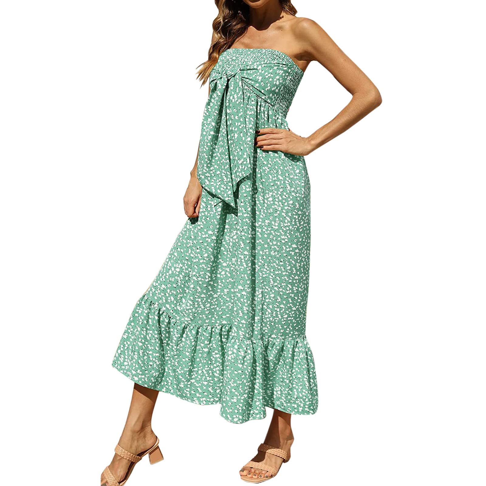 Women's Summer Tie Back Dress - Long Sleeve Square Neck Ruffle Elastic Waist A-Line Casual Mature Dress for Women | Perfect for Beach Vacation, Date Night & Office Wear