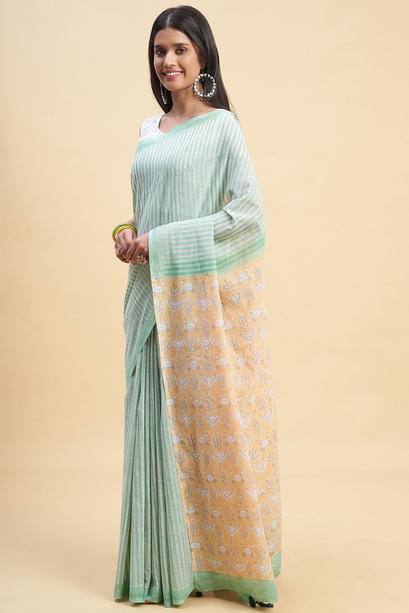 Handblock Printed Green King Crab Cotton Saree - Traditional Indian Attire for Weddings, Festivals & Special Occasions