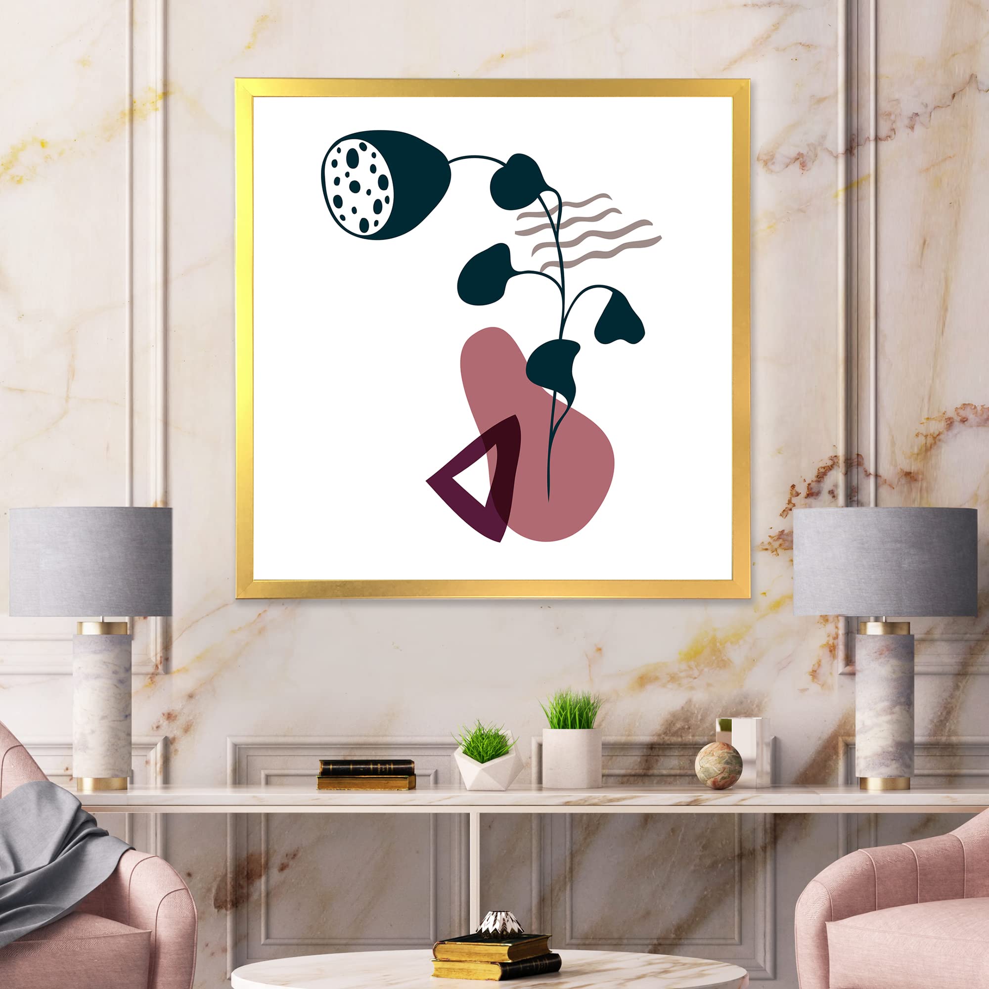 DesignQ Modern Abstract Floral Framed Wall Art - Elementary Shapes & Botanical Prints for Living Room, Bedroom & Office Decor