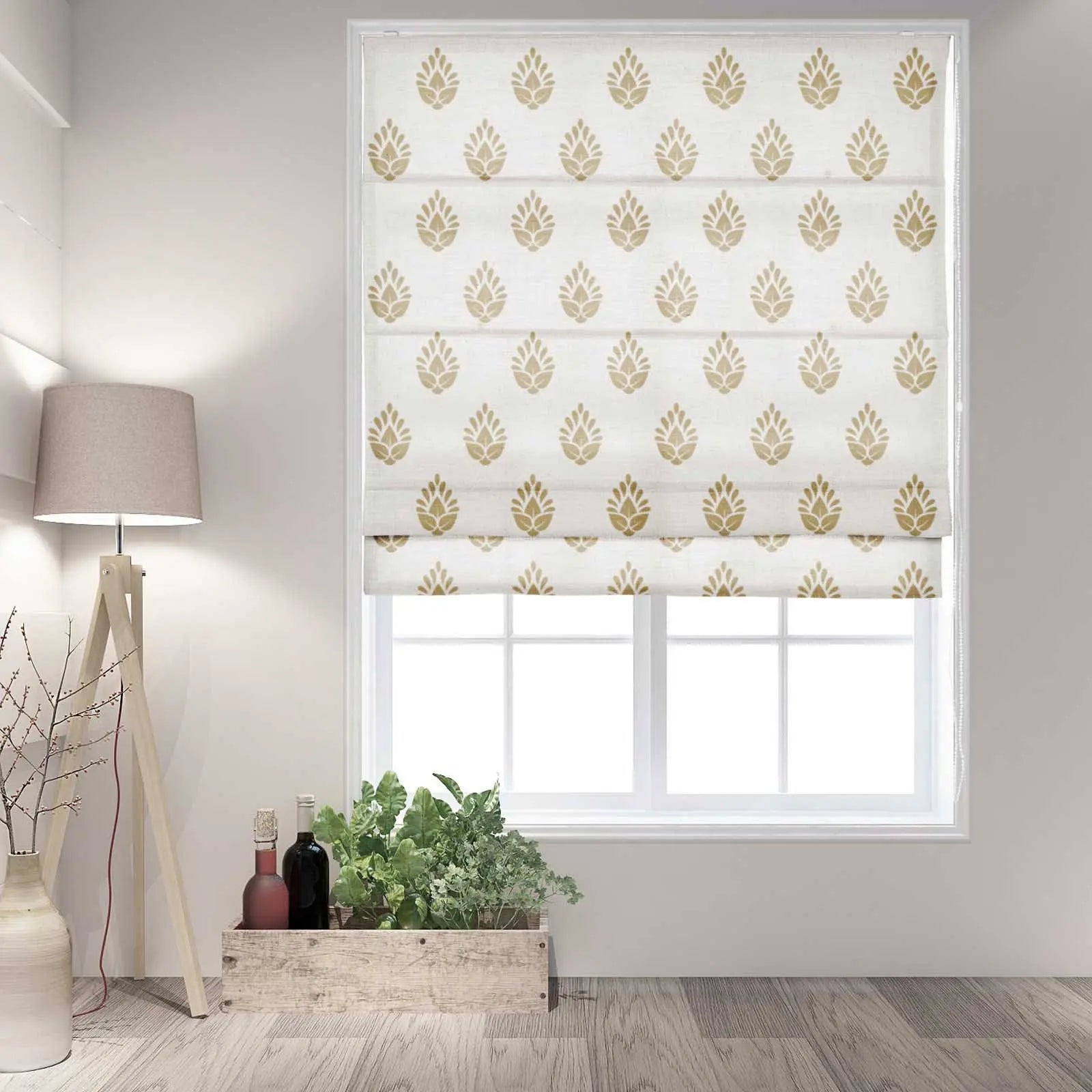 Stefana Silver Printed Roman Shade Cord Lift - Elegant Window Treatment for Living Room & Bedroom