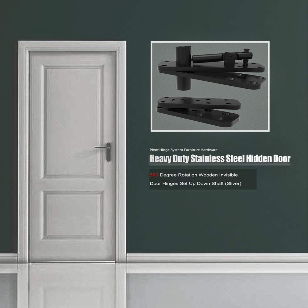 FRMSAET Heavy Duty Stainless Steel Hidden Door Pivot Hinge System - 360 Degree Rotation Invisible Door Hinges for Wooden Doors (2 Pack, Large, Black) - Perfect for Cabinet, Wardrobe, and Modern Furniture Installation