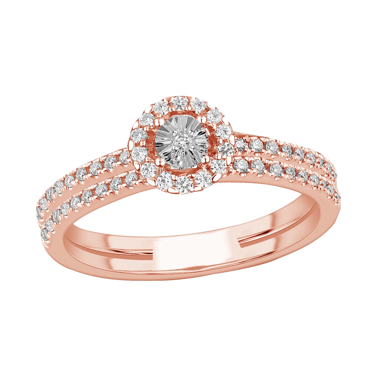 Diamond Double Band Ring for Women - 59 Natural Round Diamonds (1/4 cttw) in 14K Rose Gold/Sterling Silver - Elegant Wedding, Anniversary & Gift Jewelry