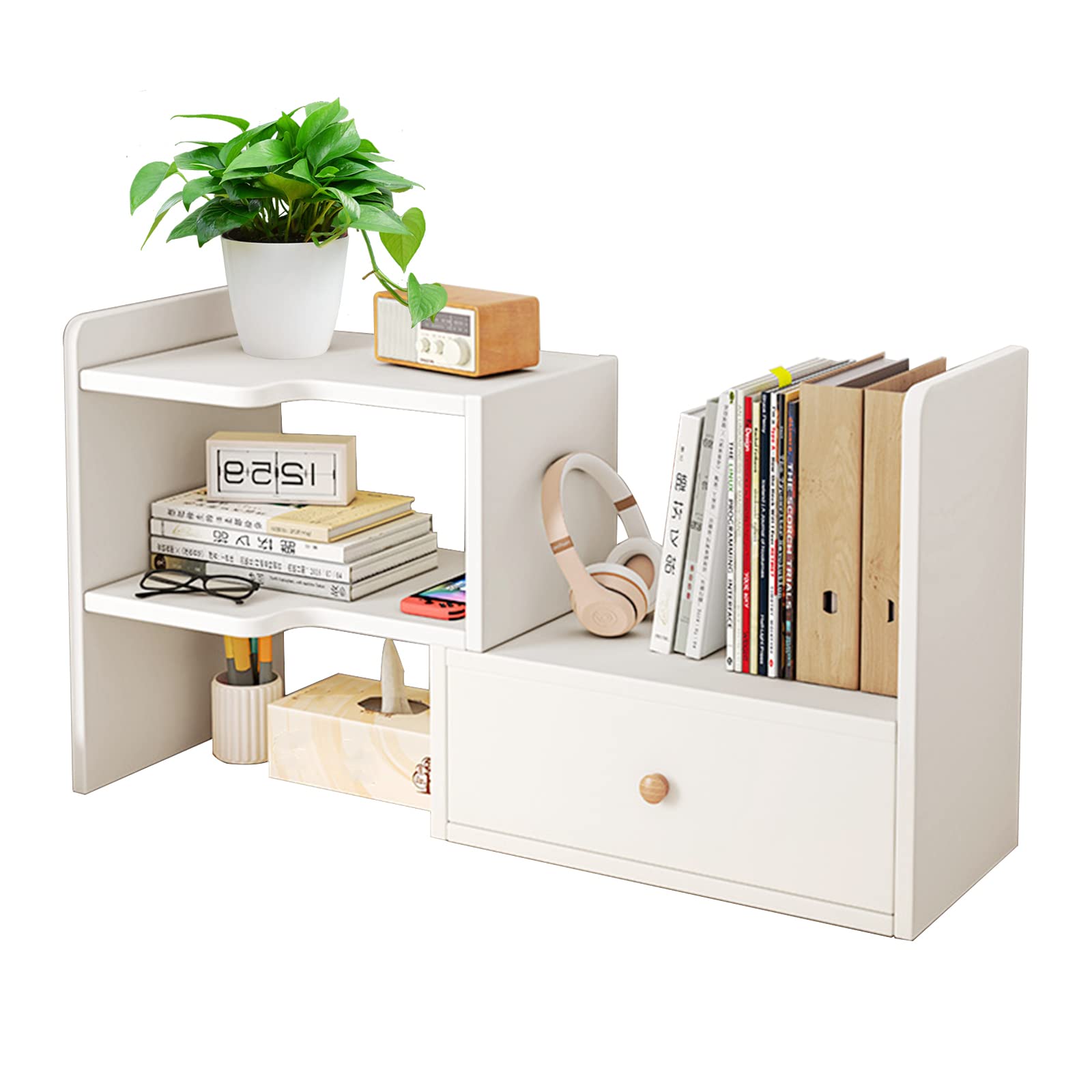 Adjustable Wood Desktop Shelf with Drawers - Office & Home Storage Organizer