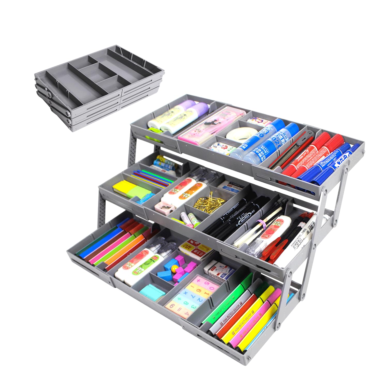 3-Tier Expandable Drawer Organizer - Multi-Level Folding Smart Storage for Makeup, Jewelry, Office & Desk Drawers (Grey) | Space-Saving Solution for Bedroom, Bathroom & Closet Organization