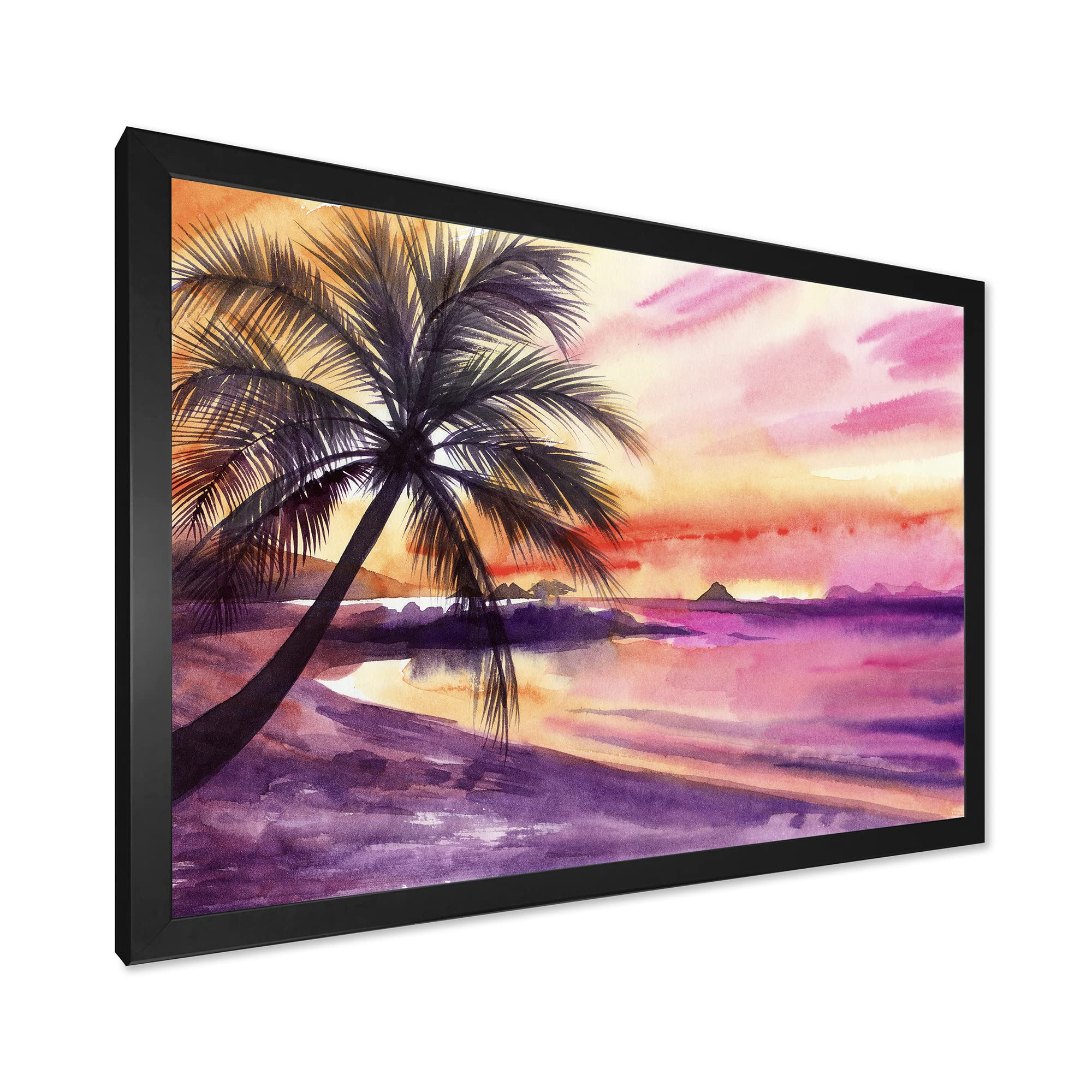 DesignQ Pink and Purple Palm Beach Sunset Nautical Coastal Framed Wall Art - Perfect for Beach House Decor, Living Room, Bedroom & Office Wall Decor