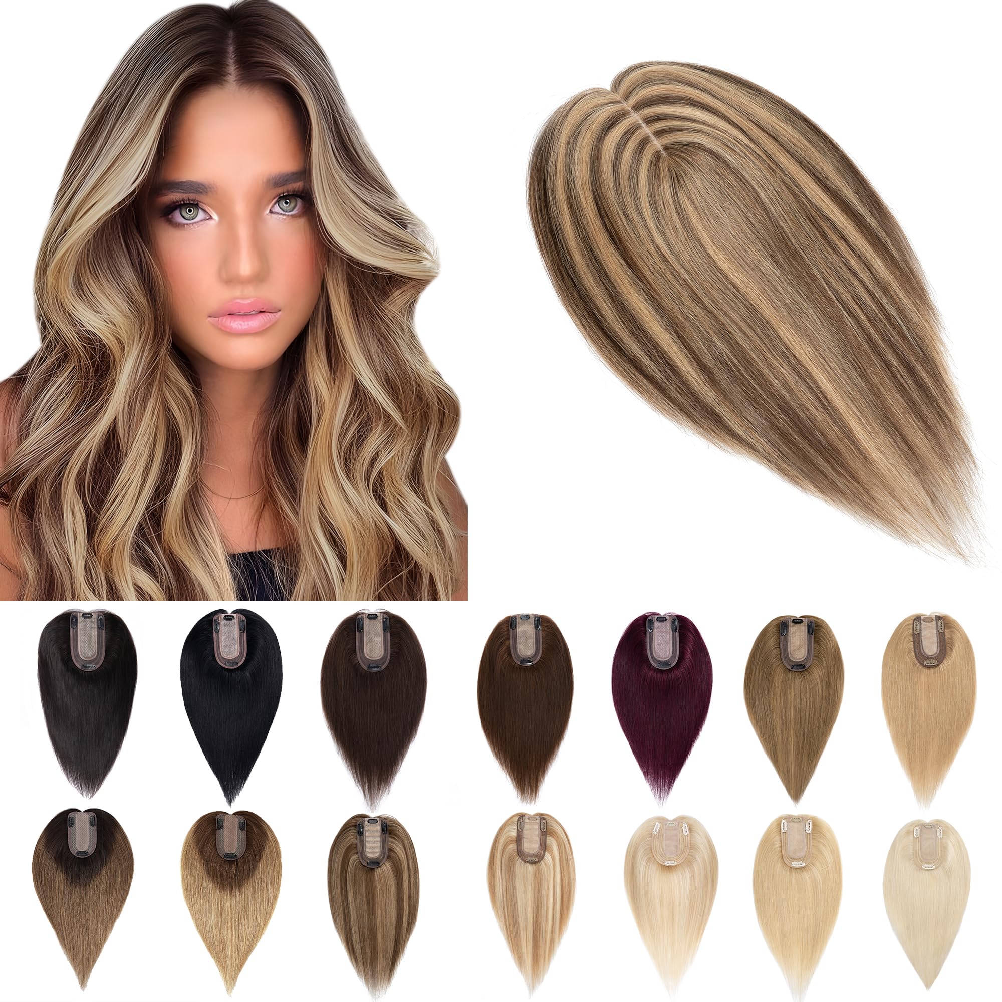 SEGO 100% Real Human Hair Toppers for Women with Thinning Hair - 7x13cm Silk Base Clip-in Top Wiglet, 14 Inch No Bangs (Medium Brown & Dark Blonde) - Perfect for Daily Wear, Parties & Special Occasions