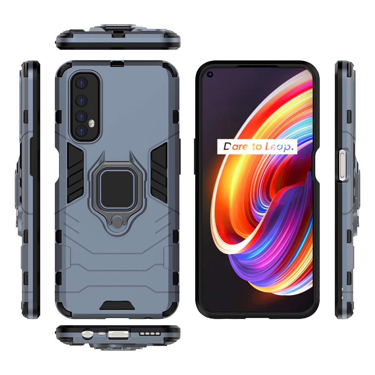 Premium 360° Rotating Ring Holder & Kickstand Magnetic Car Mount Case for Oppo Realme 7 (RMX2151/RMX2155) - Shockproof Protective Phone Cover in Blue - Perfect for Driving, Travel & Hands-Free Use
