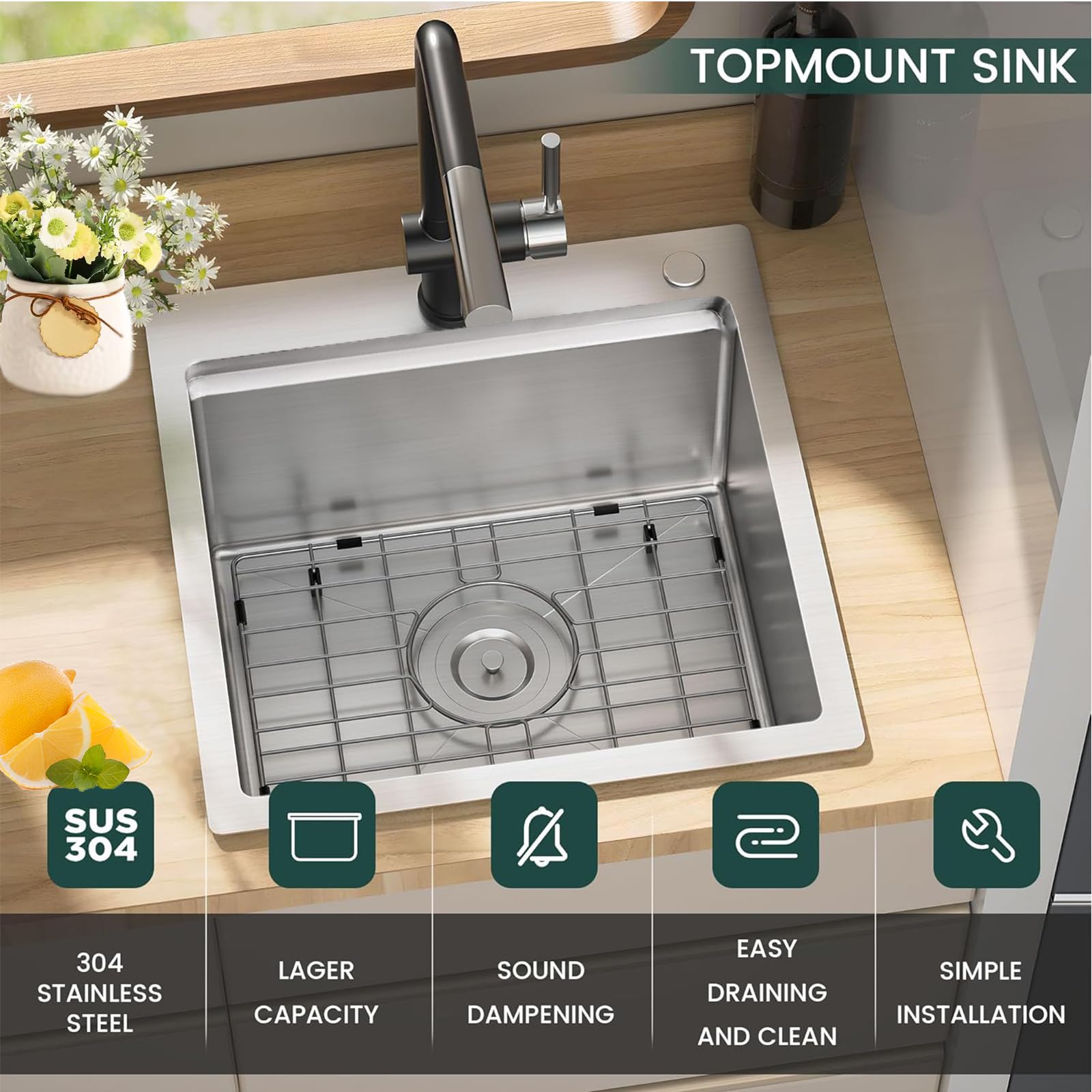 15x15 Inch Drop-In Bar Sink - 16 Gauge Stainless Steel Topmount Single Bowl Kitchen Sink for Small Spaces, RV, Outdoor & Prep Workstations - Includes Accessories - Perfect for Compact Kitchens, Bars, Campers & Food Preparation Areas