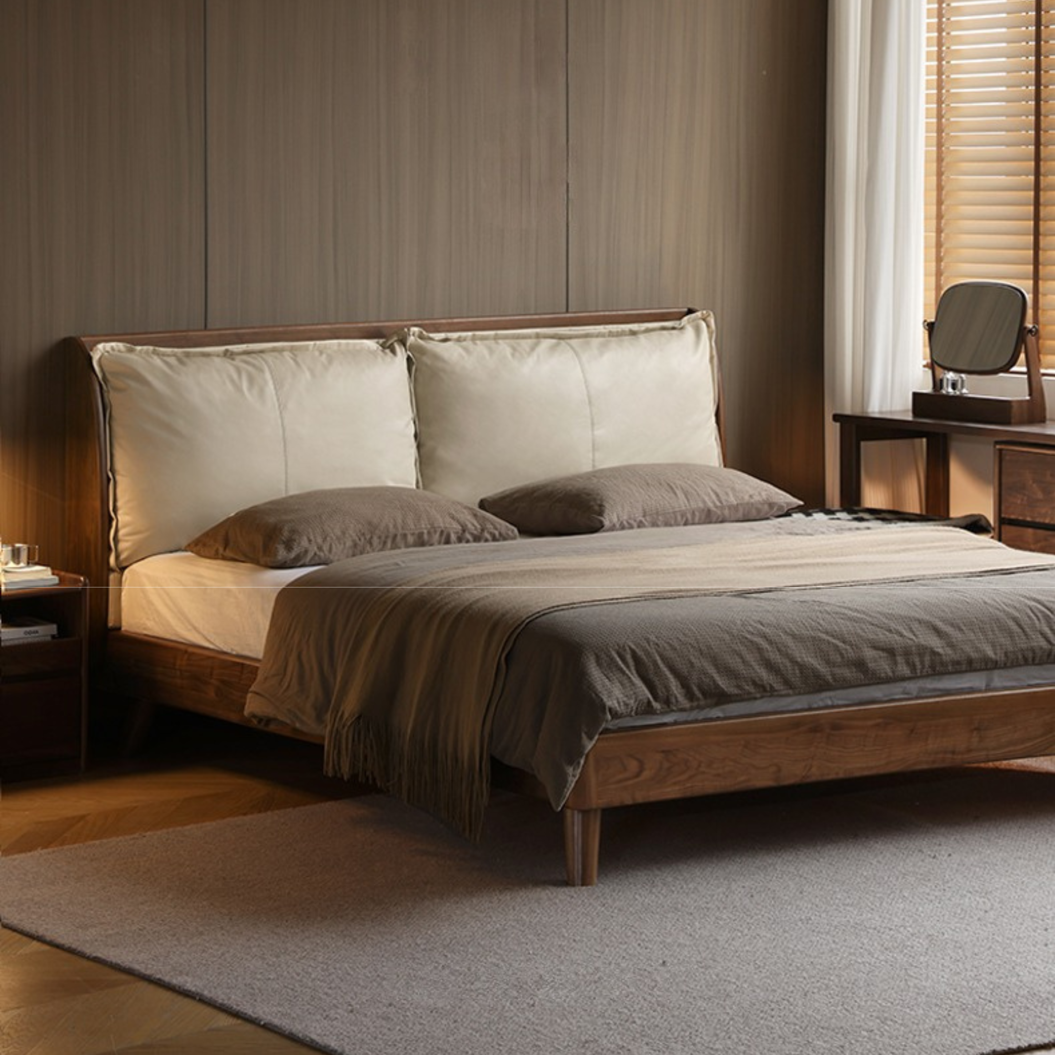 Premium Black Walnut Solid Wood Leather & Tech Fabric Bed Frame - Modern Platform Bed for Master Bedroom, Guest Room & Dormitory