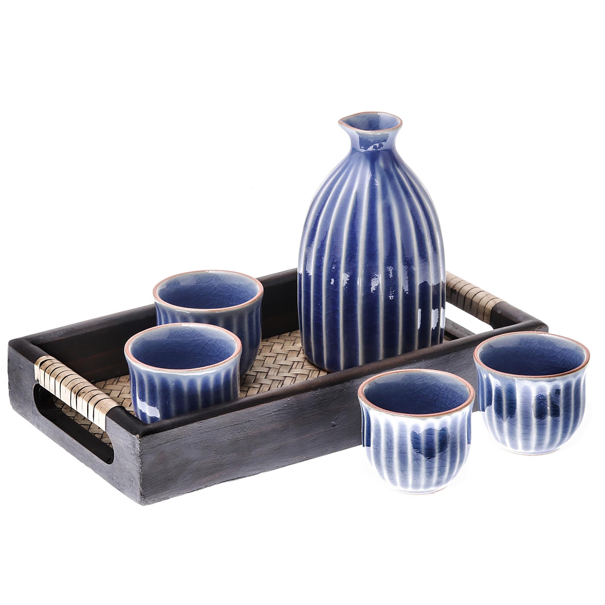 NOVICA Handmade Celadon Ceramic Sake Set - Blue Japanese Style Decanter with 4 Cups & Wood Tray - Traditional Thai Tableware for Sake, Wine & Tea - Perfect for Dinner Parties, Gifts & Home Decor (Decanter 5.5