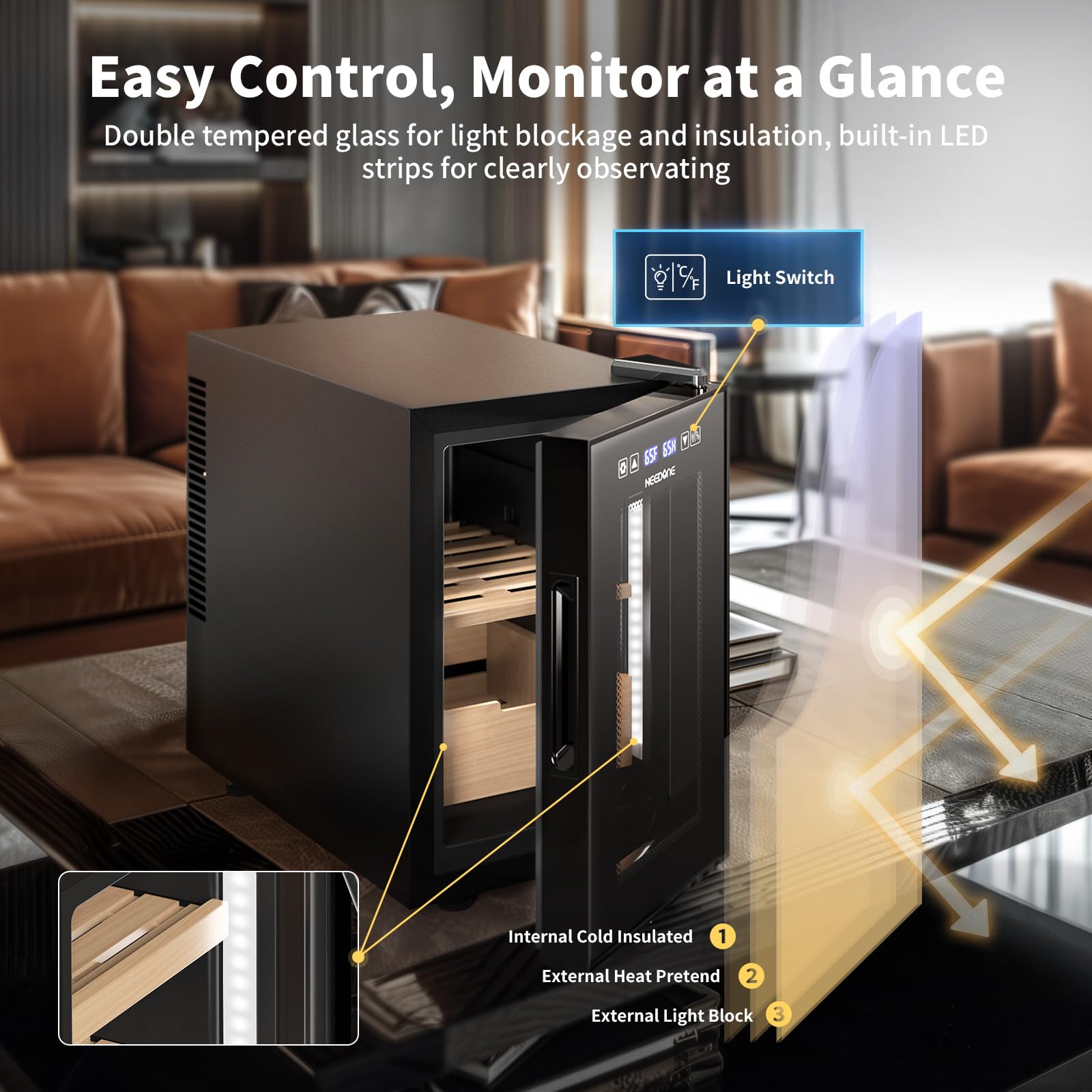 NEEDONE 16L Pro Electric Cigar Humidor with Smart Humidity, Heating & Cooling Control - Spanish Cedar Wood Shelves & Drawer - Holds 100 Cigars - Perfect for Home, Office or Man Cave - Ideal Gift for Men & Cigar Enthusiasts