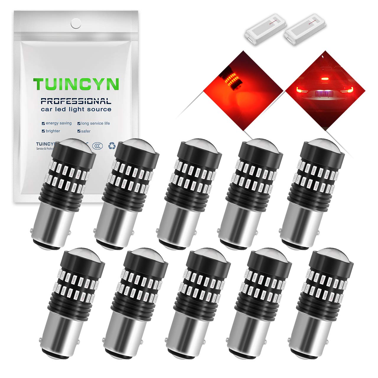 TUINCYN 1157 LED Bulbs Red Brake Light - BAY15D 1016 1034 1157A 4014-48SMD LED Chips - Turn Signal, Tail Light, Reverse Parking Light - 6500K Cool White - 12V-24V DC - 1200 Lumens (10-Pack) - Perfect for Cars, Trucks, SUVs, Motorcycles & Trailers