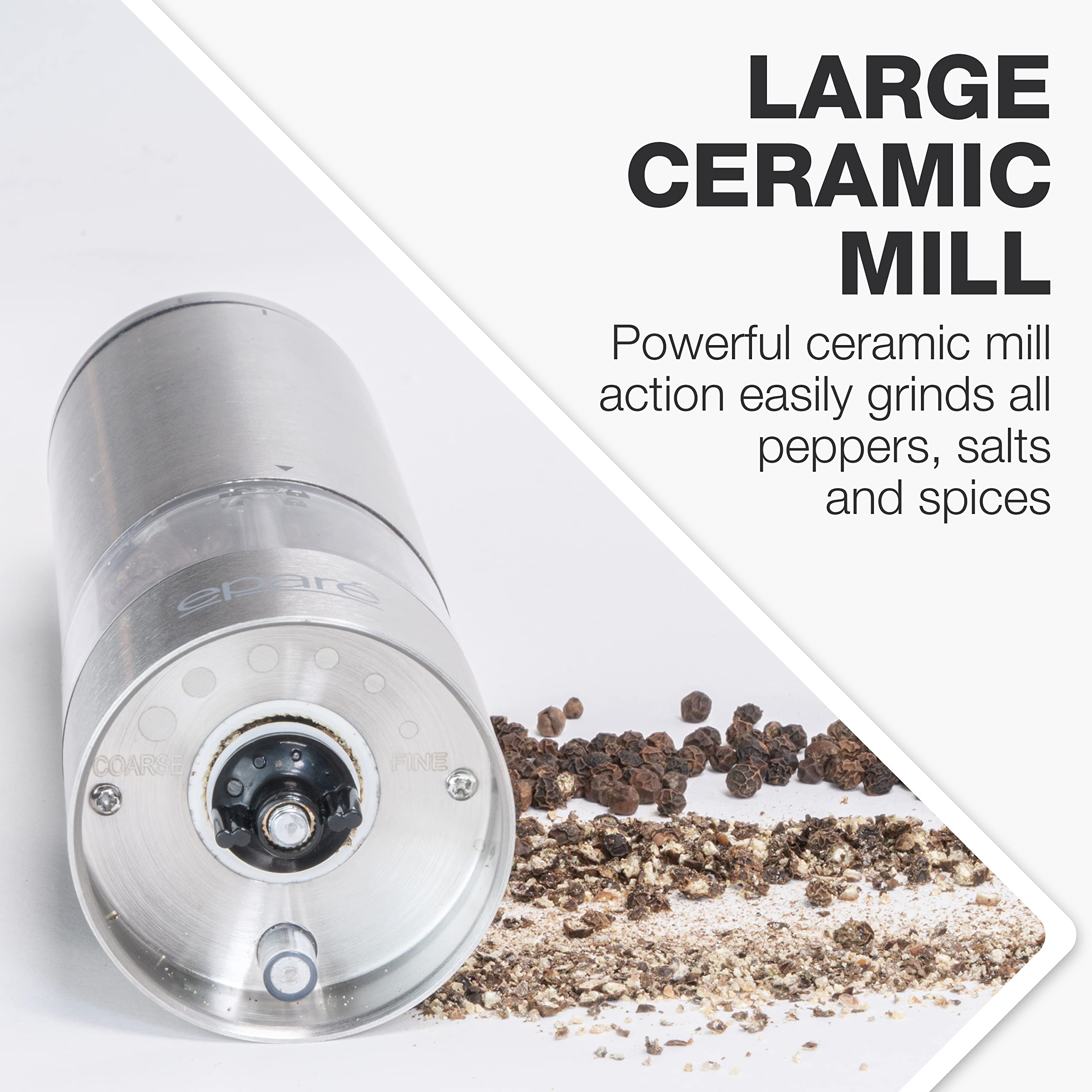 Eparé Electric Salt and Pepper Grinder with LED Light - Battery Powered Automatic One-Handed Mill - Adjustable Ceramic Burr & Refillable Stainless Steel Shaker - Perfect for Kitchen, Dining, Camping, and Gifting