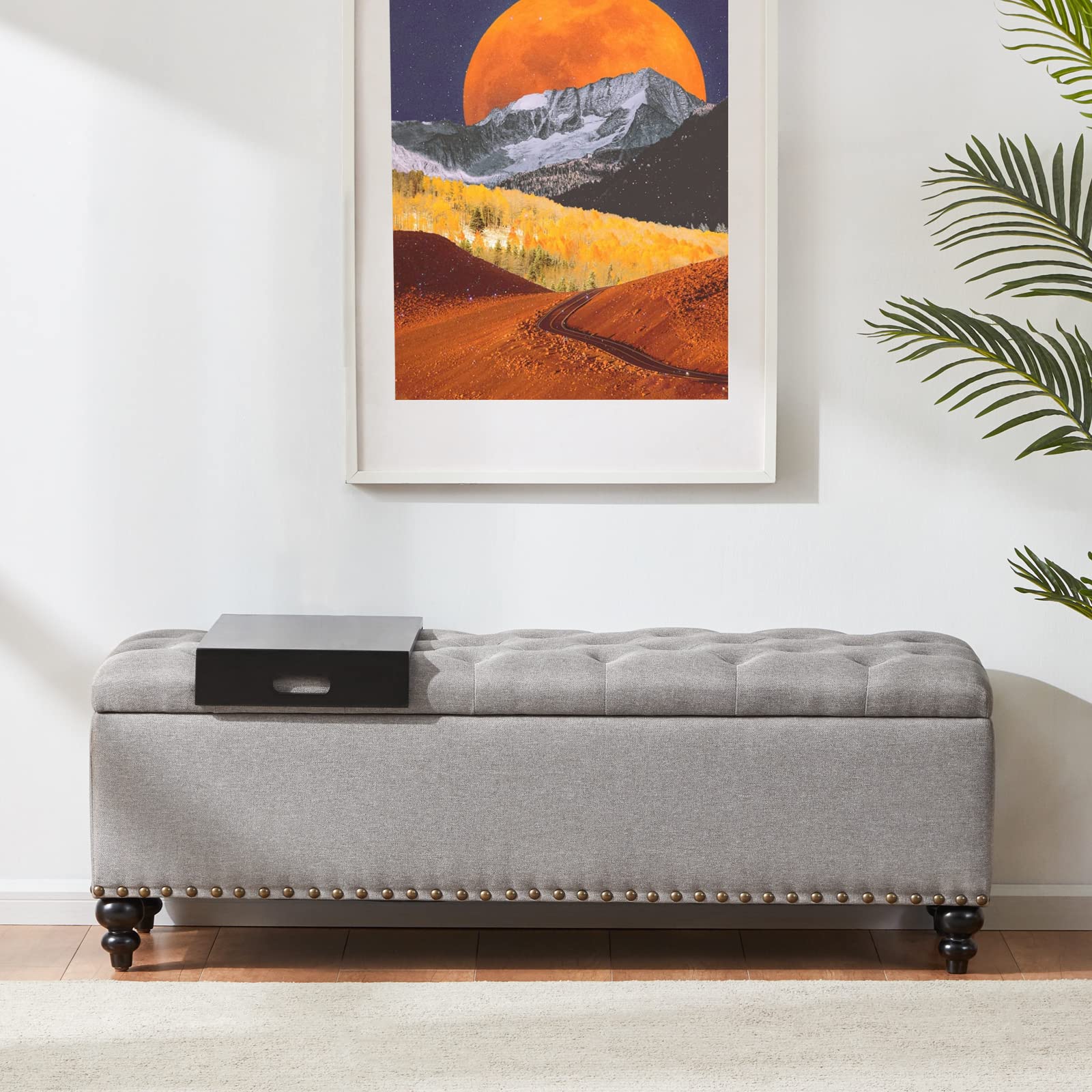 HUIMO 51-inch Upholstered Storage Ottoman Bench with Removable Tray - Button-Tufted Fabric, Safety Hinge Design for Bedroom & Living Room - Perfect for Extra Seating, Blanket Storage, and Home Organization (Grey)
