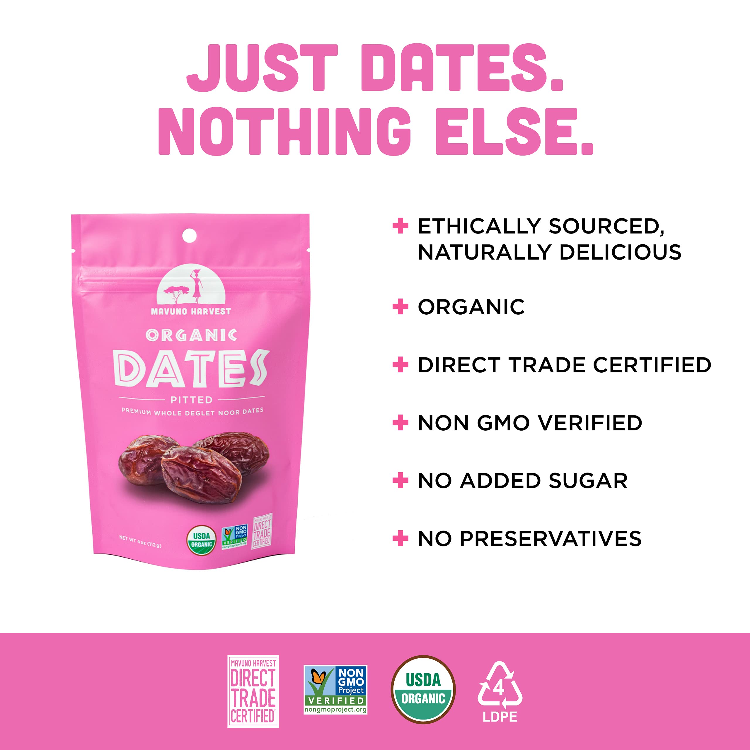 Organic Deglet Noor Pitted Dates - Vegan, Non-GMO Dried Fruit Snacks | No Sugar Added, Resealable 4oz Bags (Pack of 6) | Healthy Snack for Kids & Adults | Perfect for Lunchboxes, Baking, Smoothies & Energy Boosts