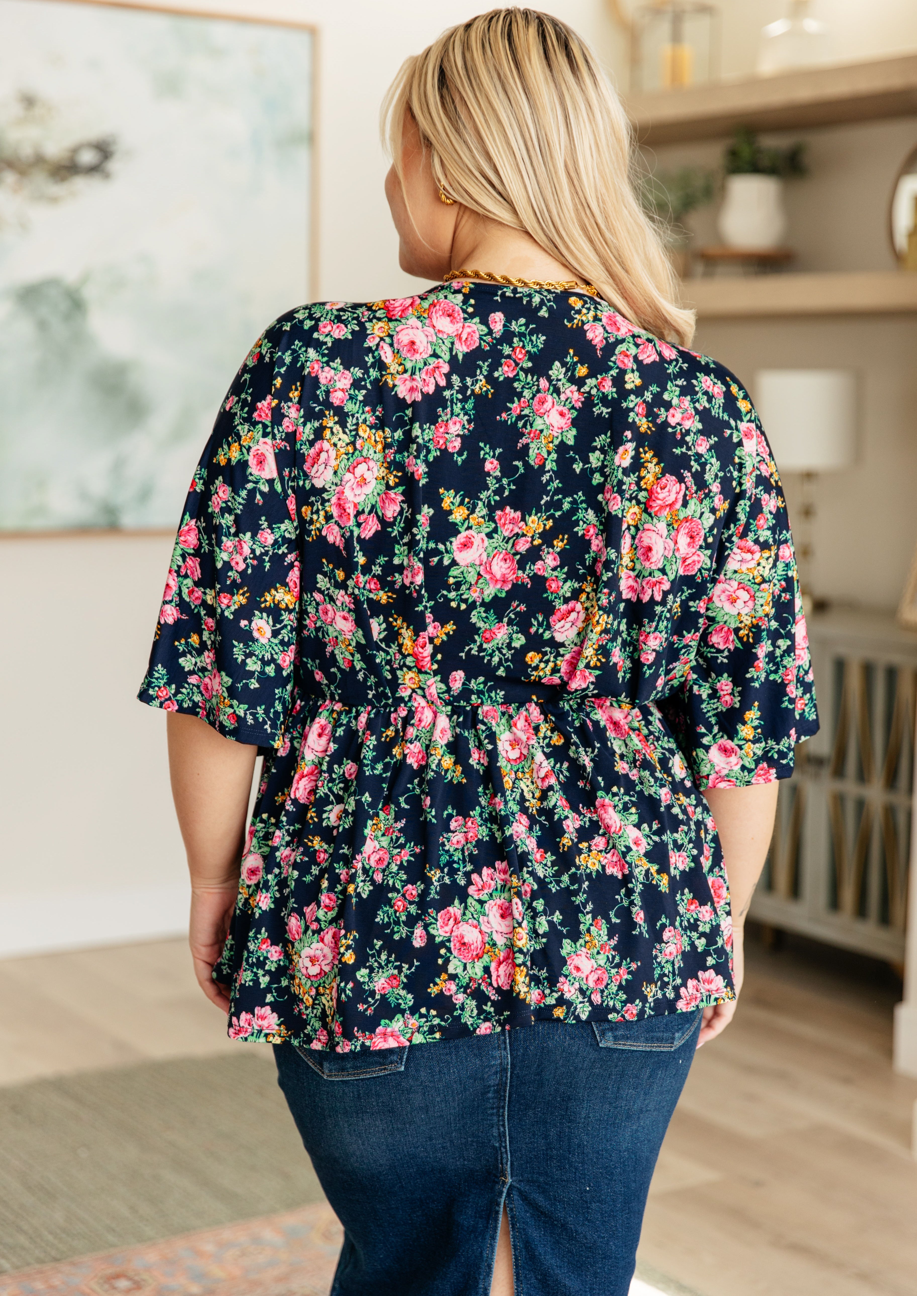 Vintage Floral Print Women's Tops - Navy & Pink Bouquet Design for Casual Wear, Date Night & Summer Outfits