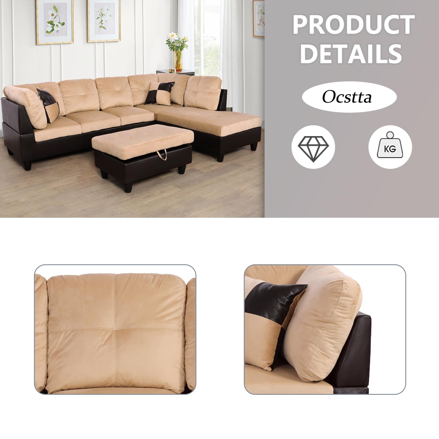 L-Shaped Microfiber Sectional Sofa Set with Storage Ottoman - Modern Living Room Couch for Apartments & Homes, Beige | Perfect for Small Spaces, Family Gatherings & Movie Nights (Includes Hydraulic Lift Ottoman)