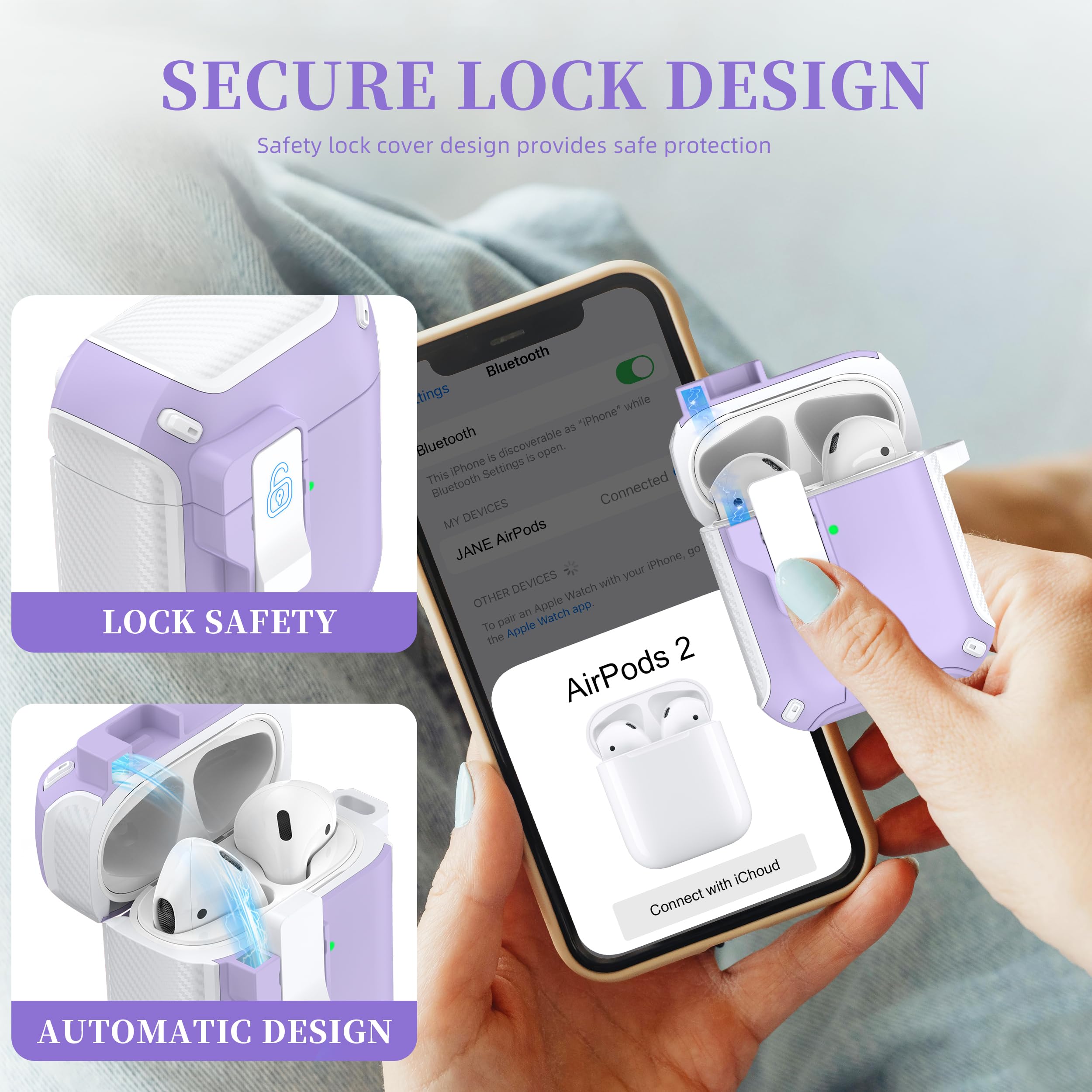 Magnetic AirPods Case Cover for 1st & 2nd Gen - Magsafe Compatible, Auto-Locking, Dustproof Charging Port with Stand & Cleaning Kit (Snow White/Grape Purple) - Perfect for Work, Travel & Daily Protection