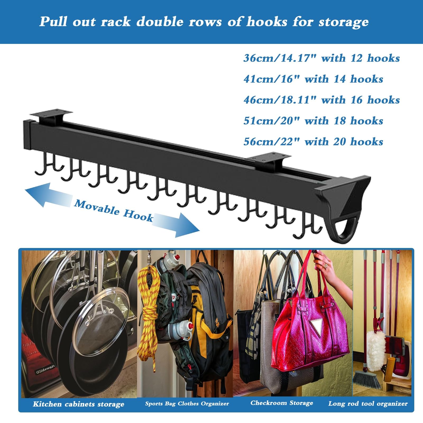 Heavy Duty Pull Out Mop Broom Holder & Organizer with 12-20 Hooks - Under Cabinet Sliding Pot Pan Organizer for Kitchen, Closet, Garage Storage - Perfect for Small Space Organization & Home Decluttering