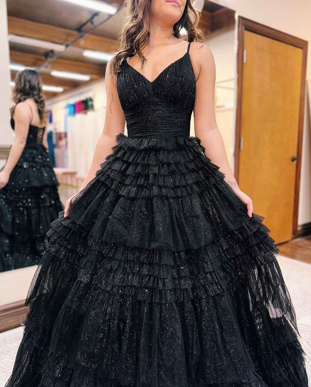 Sparkling Women's Tiered Glitter Tulle Prom Dress - V-Neck Ruffled Formal Evening Gown for Homecoming, Quinceañera, Wedding & Special Occasions