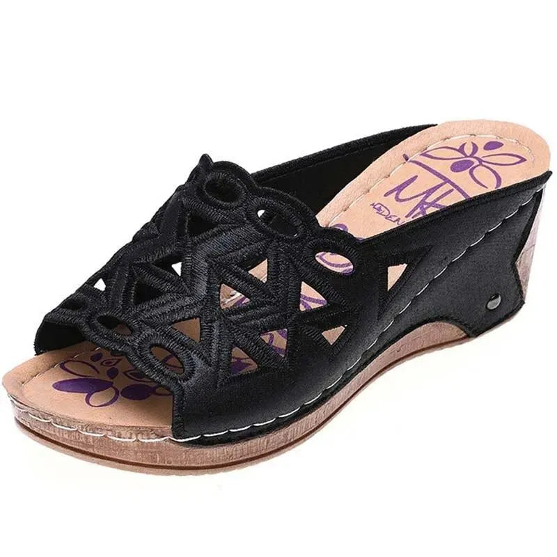 Women's Slip-On Embroidered Wedge Sandals - Comfortable Boho Summer Shoes for Beach, Vacation & Casual Outings