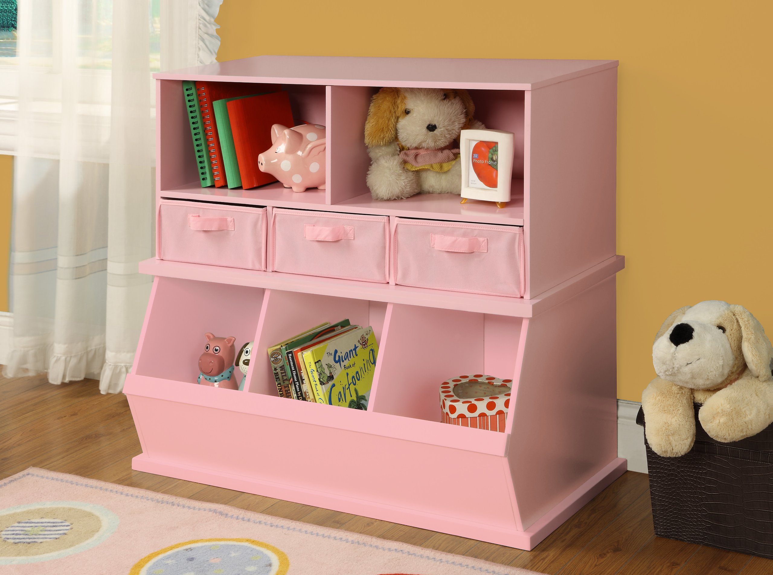 Badger Basket Three Bin Stackable Toy Storage Organizer with Removable Bins - Pink Nursery, Kids Room & Playroom Organization Solution