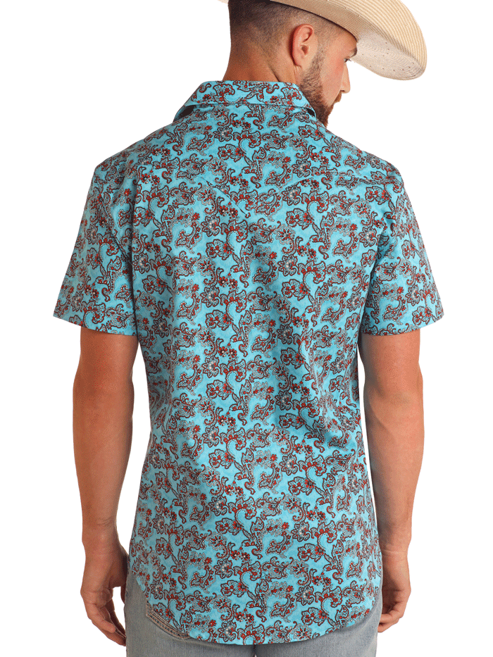 Rock & Roll Denim BMN3S05865 Men's Paisley Print Short Sleeve Snap Button Shirt Blue - Perfect for Casual Wear, Concerts & Summer Outfits