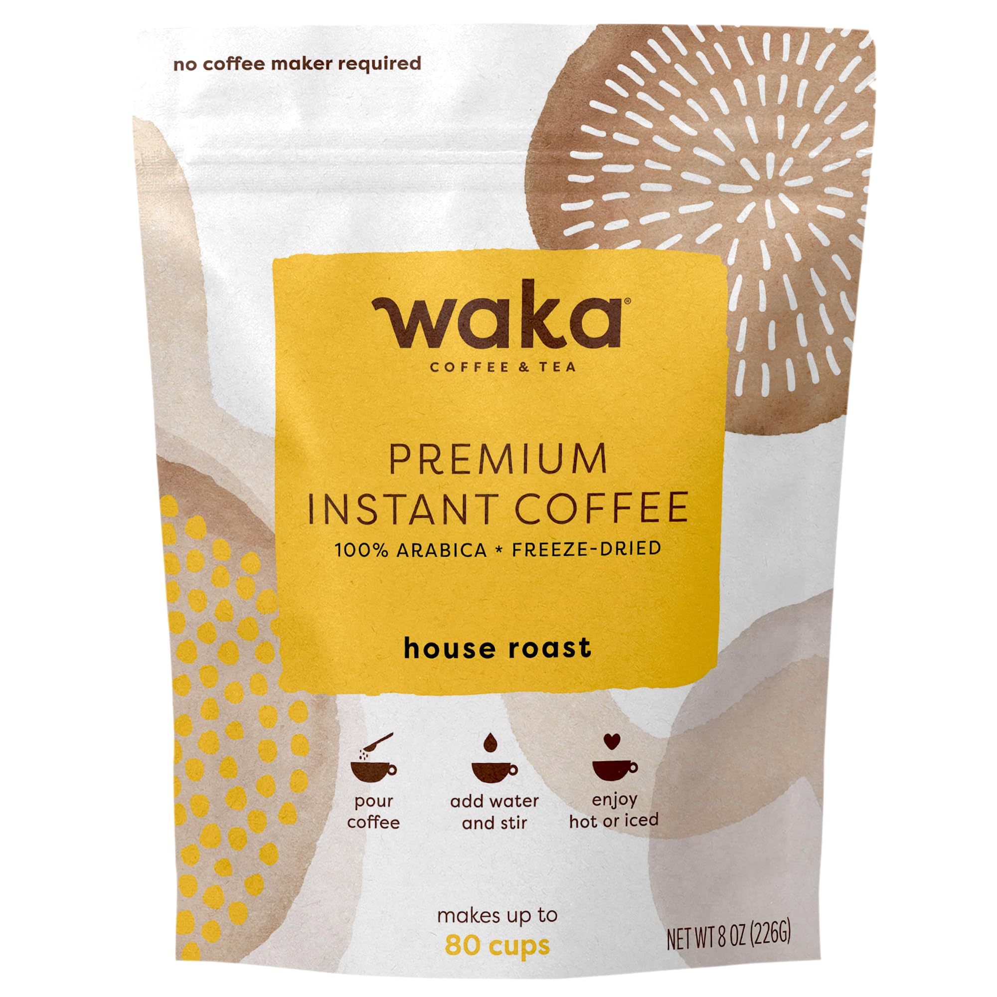 Premium Waka Instant Coffee - 100% Arabica Freeze-Dried Granules, No Sugar or Additives - House Roast for Hot & Iced Coffee - Bulk 80 Cup Supply (8oz) - Perfect for Office, Camping & Travel