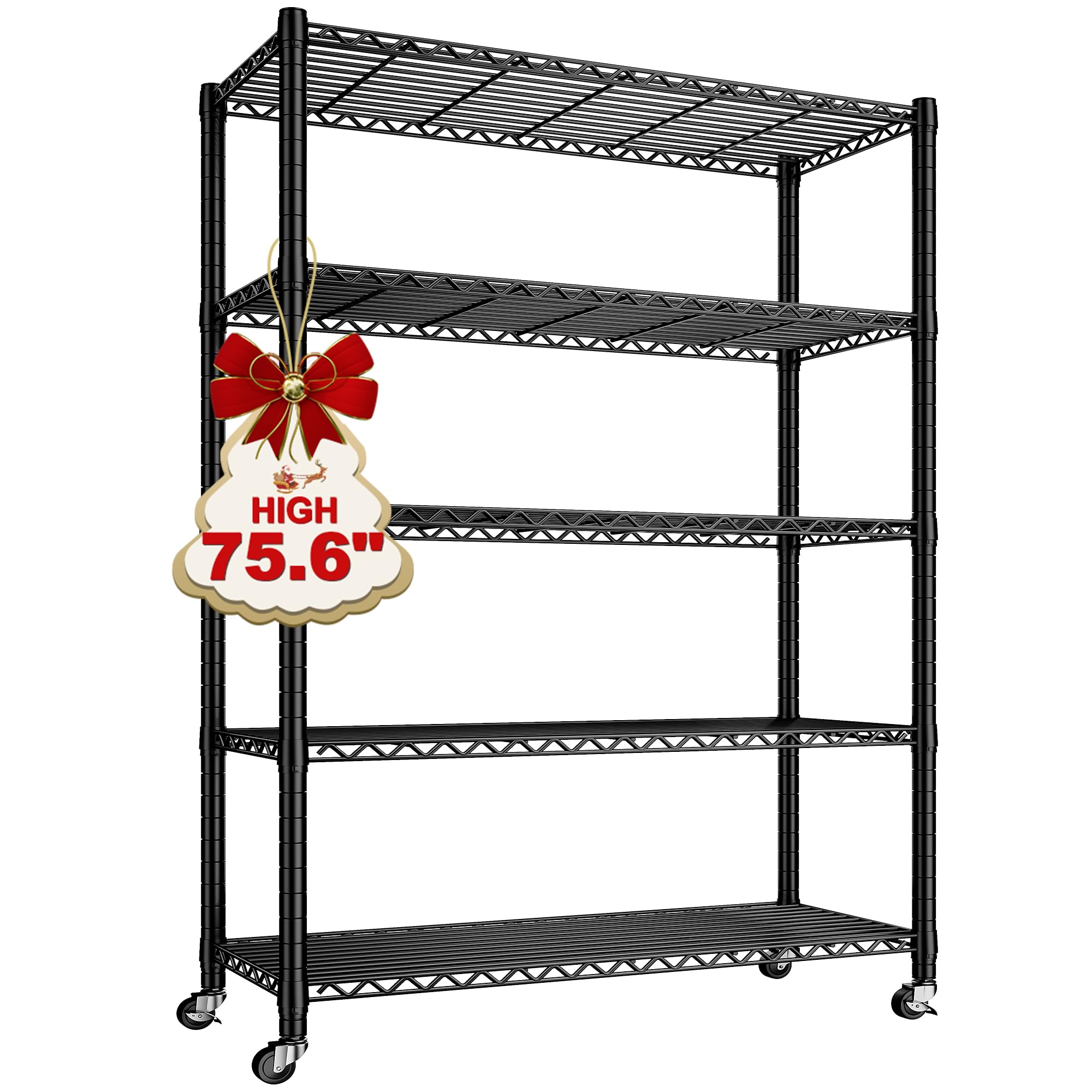 REIBII 5-Tier Heavy Duty Metal Storage Shelves with Wheels - 75.6