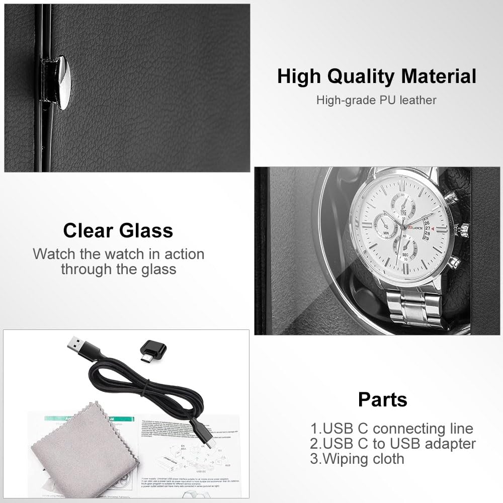 Premium Single Automatic Watch Winder for Rolex & Luxury Watches - Super Quiet Motor, 4 Rotation Modes, LED Display, USB-C Powered (Adapter Not Included) - Perfect for Watch Collectors & Nightstand Storage