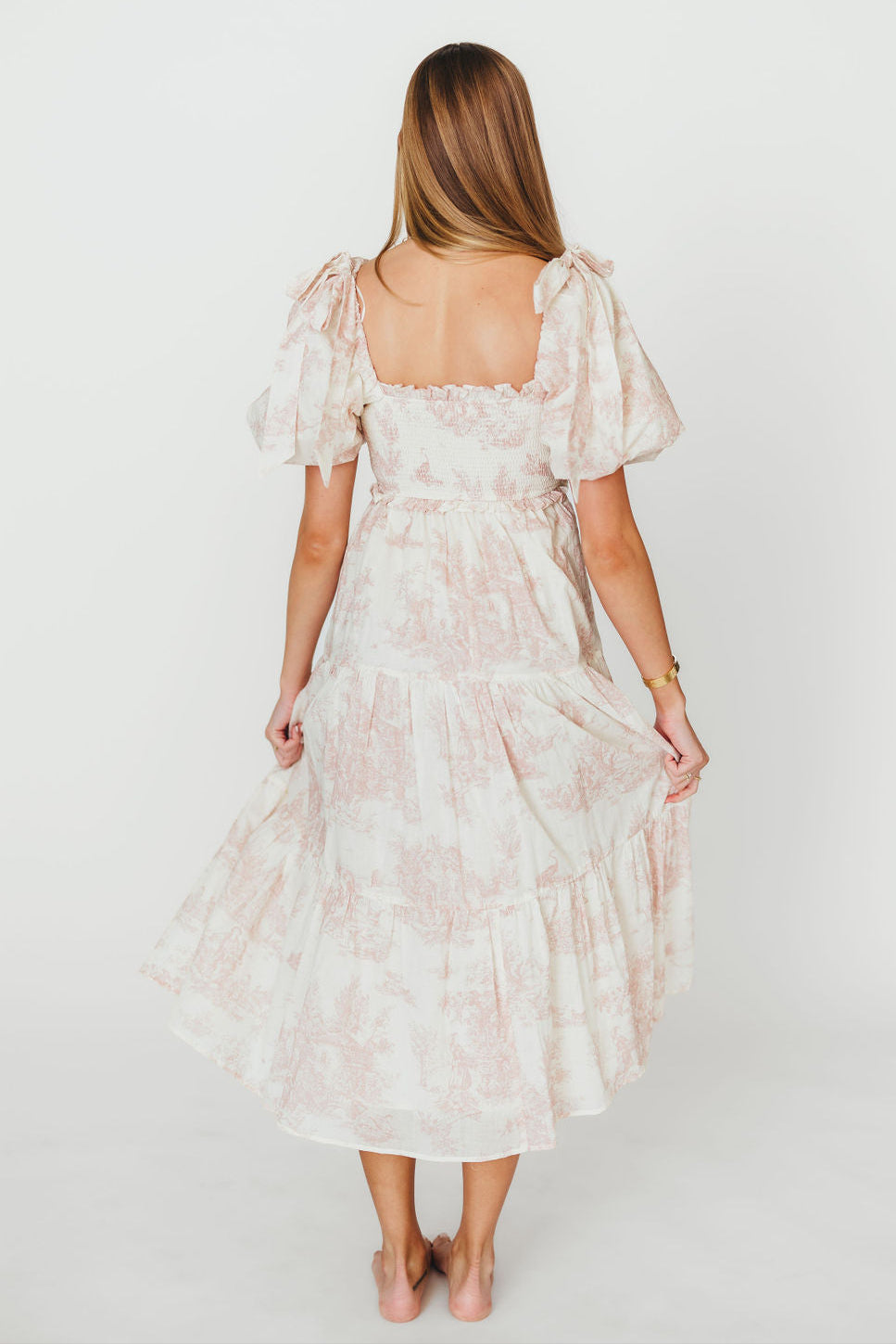 Elena 100% Cotton Toile Print Smocked Midi Dress - Bump Friendly Maternity Dress in Pink | Perfect for Baby Showers, Summer Weddings & Casual Outings *PRE ORDER*
