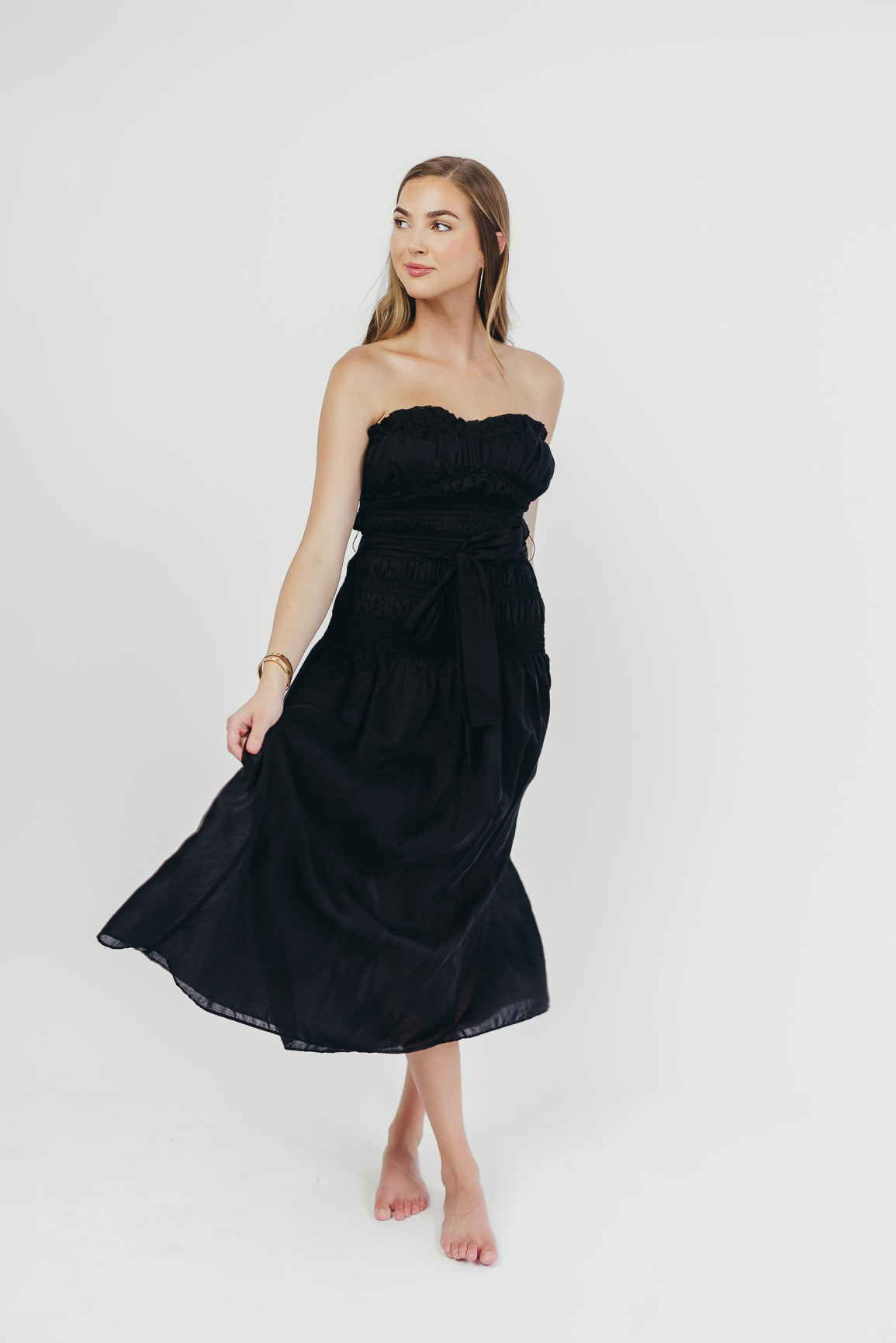 Devin Strapless Midi Dress with Adjustable Sash - Elegant Black Formal Dress for Weddings, Parties & Special Occasions
