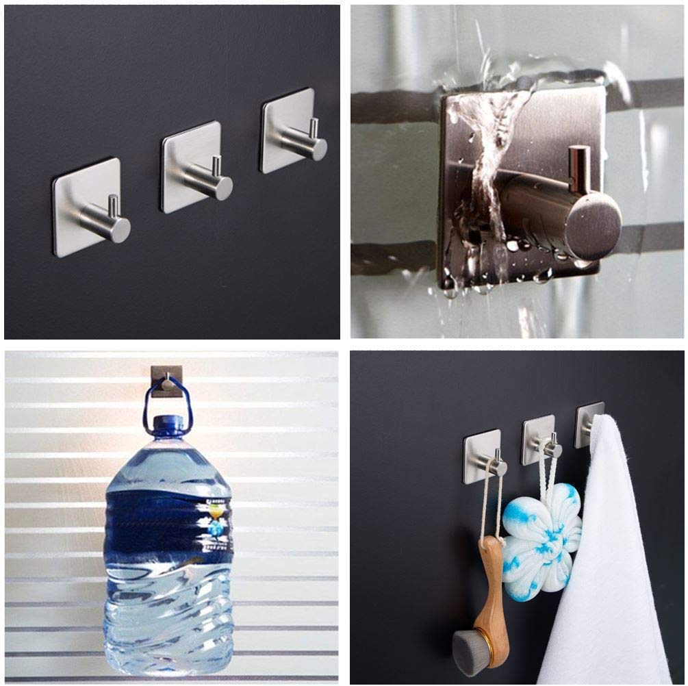 Stainless Steel No Drill Self-Adhesive Hooks - Heavy Duty Wall Hangers for Kitchen, Bathroom, Hallway - Perfect for Coats, Towels, Hats & Robes (4 Pack) - Ideal for Home Organization & Space Saving Storage Solutions