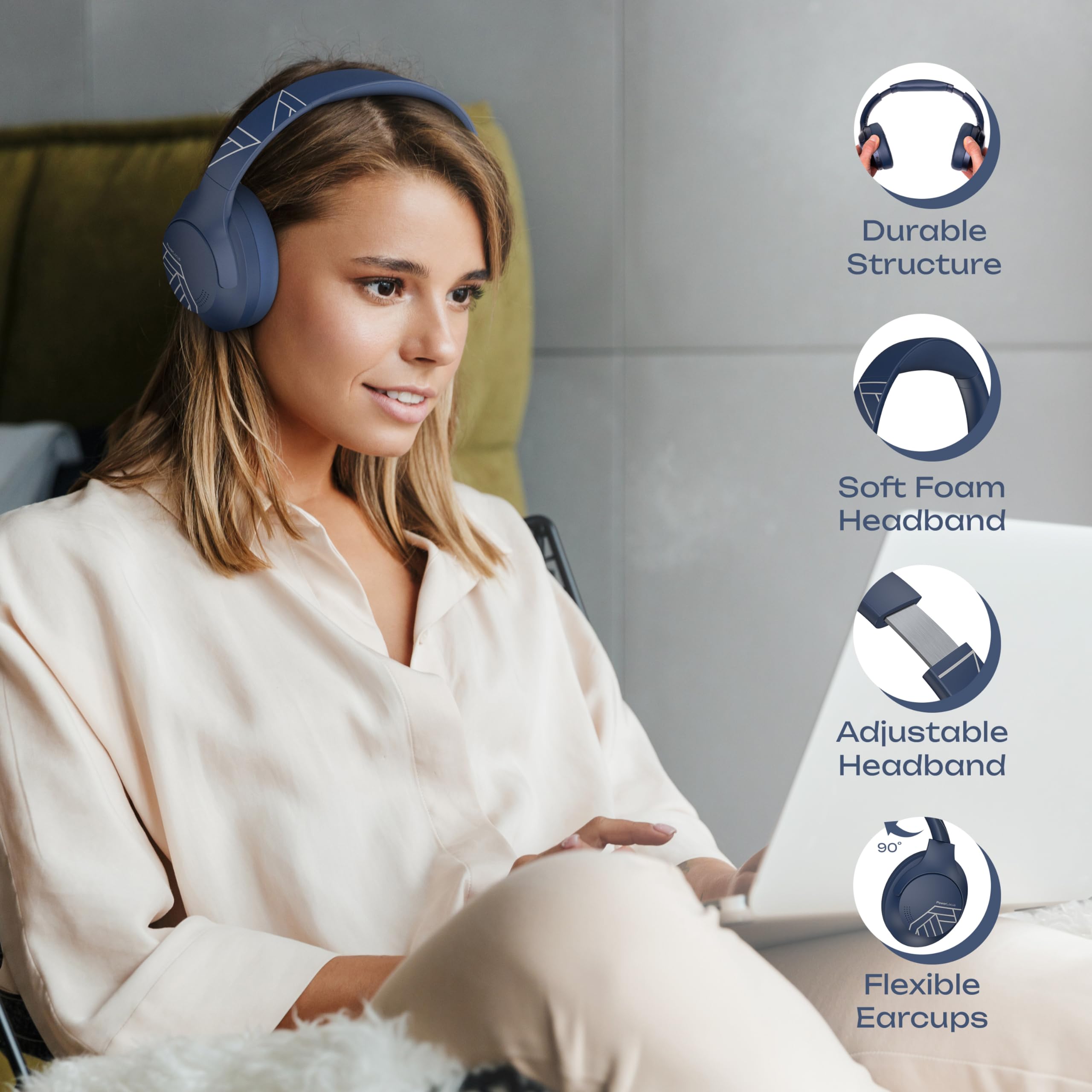 PowerLocus Bluetooth Over-Ear Headphones with 50-Hour Playtime, Foldable Wireless Headset with Built-in Mic, Lightweight HiFi Stereo Sound for Phone/PC/Travel - Perfect for Commuting, Gaming & Office Use