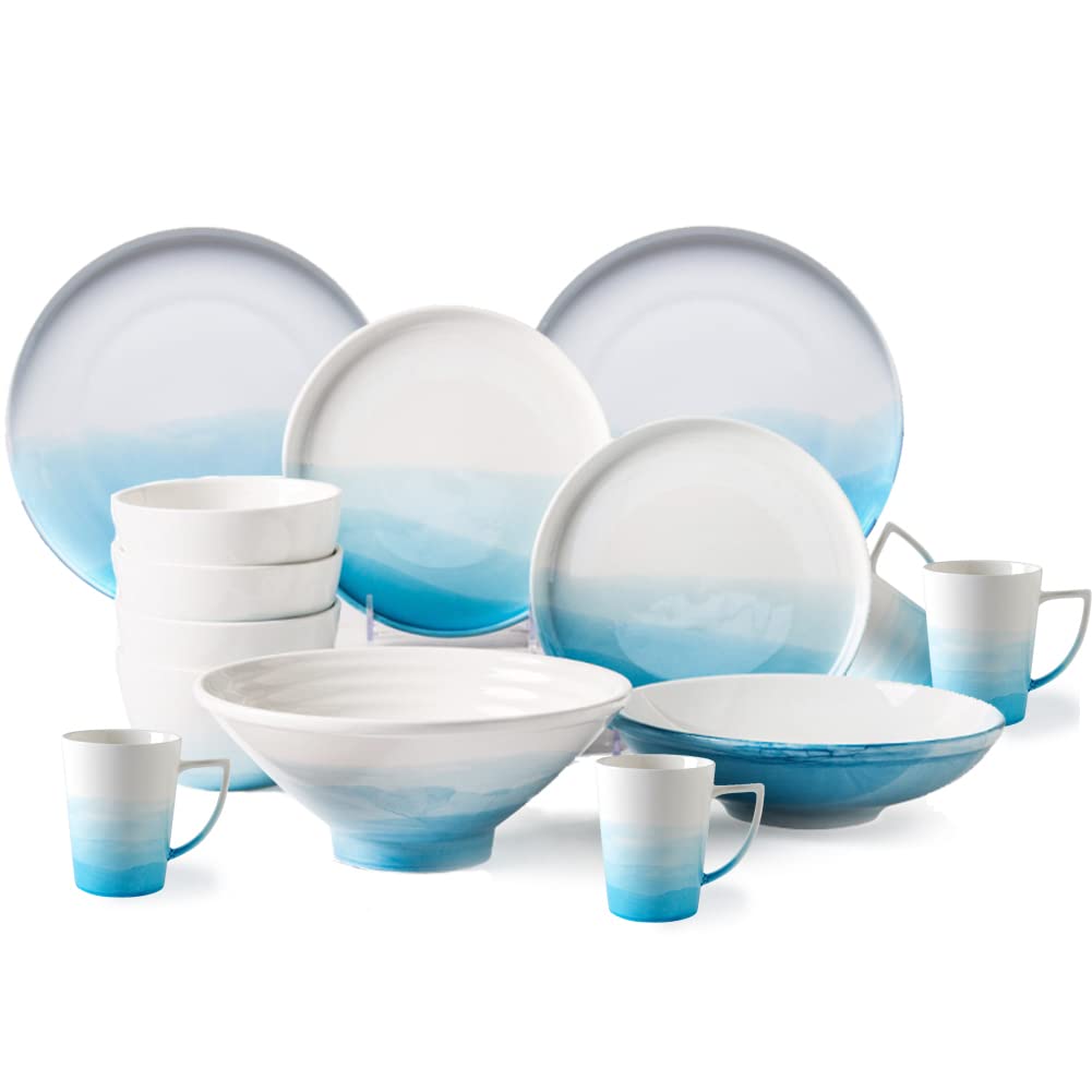 QIANA 20-Piece Ceramic Dinnerware Set for 4 People - Alps Series Porcelain Plates, Bowls & Mugs - Microwave & Dishwasher Safe Blue Tableware - Perfect for Family Dinners, Parties & Restaurant Use