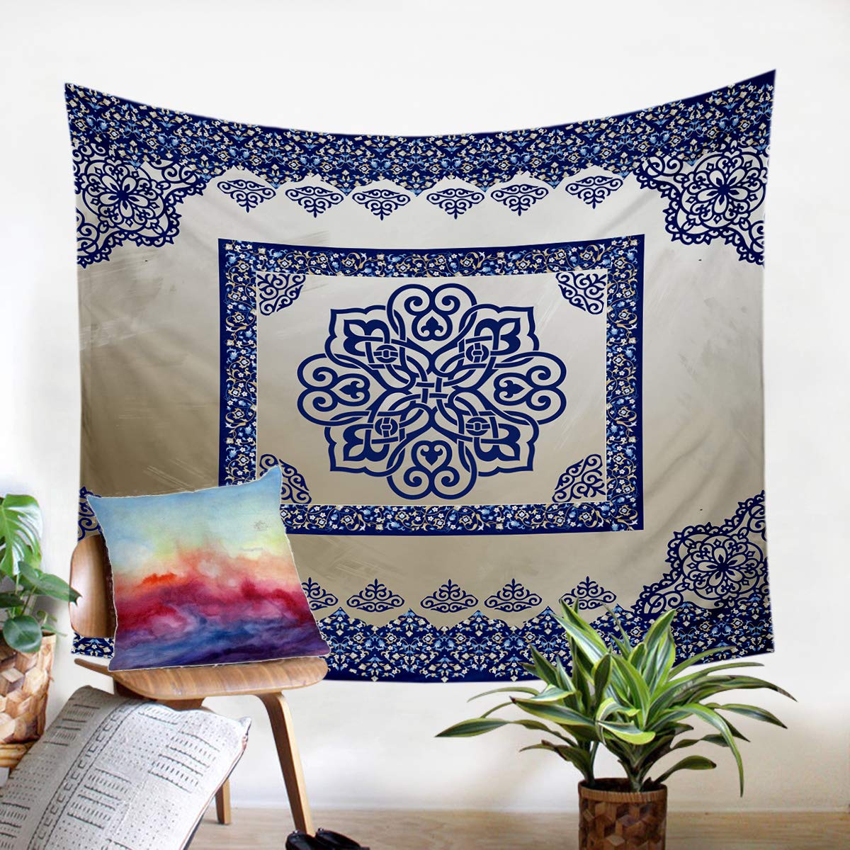 Sleepwish Porcelain by Ismot Esha Blue and White Floral Tapestry - 50x60 Inch Oriental Wall Hanging Decor with Chinese Tile Pattern for Bedroom, Living Room & Dorm Wall Art