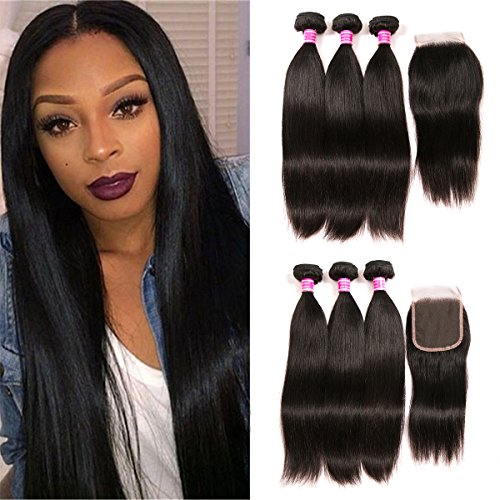 QinMei 100% Unprocessed Virgin Brazilian Straight Human Hair Extensions - 3 Bundles with 4x4 Lace Closure - Natural Black Color (20 22 24 +18 Inches) for Salon-Quality Weaves, Sew-Ins & Everyday Styling
