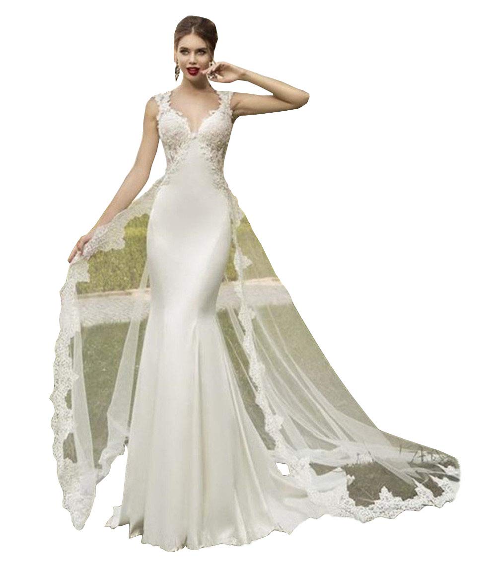 Emanni Women's Sexy Backless Lace Applique Mermaid Wedding Dress with Detachable Train - Ivory Bridal Gown for Beach, Church & Destination Weddings