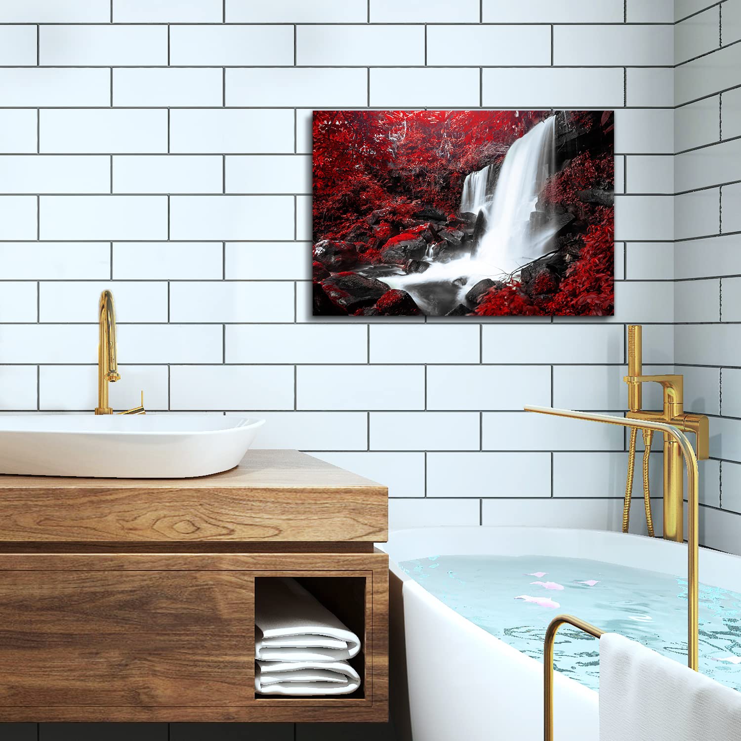 Nature Wall Art Waterfall Landscape Canvas Print - Red & Black Mountain Forest Scenic Painting for Bedroom, Bathroom, Living Room Decor - 16x24 Inch Tropical Trees Artwork | Perfect for Home, Office & Spa Relaxation Spaces