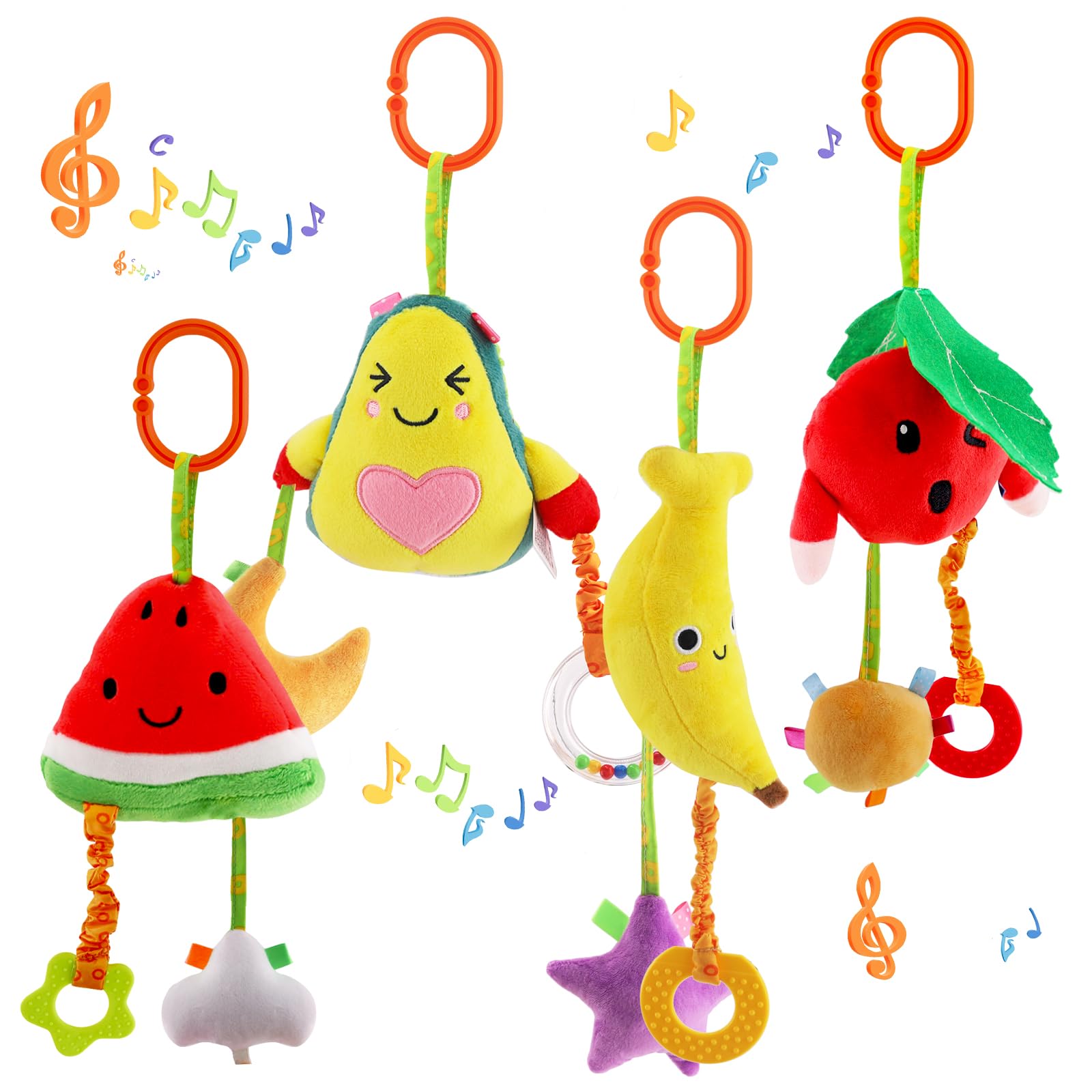KAKIBLIN 4 Pack Baby Hanging Toys for Car Seat, Crib & Stroller - Soft Sensory Plush Toys for Early Cognitive Development (0-12 Months) - Perfect for Nursery, Playtime & Travel Accessories