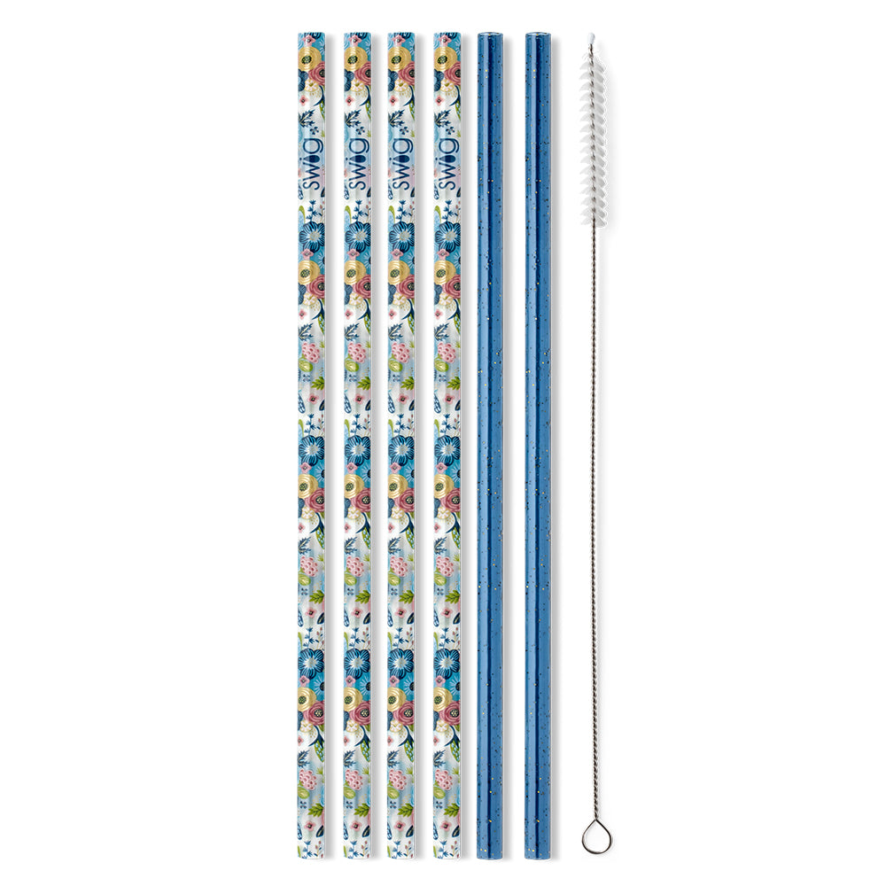 Bella Rosa & Navy Glitter Reusable Straw Set - 4 Pack Eco-Friendly Stainless Steel Drinking Straws with Cleaning Brush | Perfect for Smoothies, Cocktails, and Parties